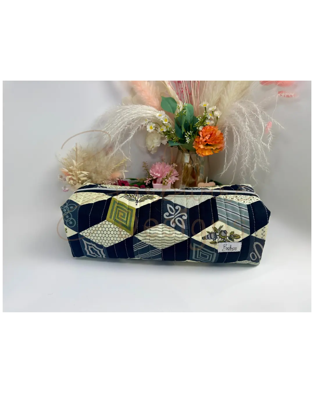 Tumbling Blocks Quilted Hair Tools Pouch Barb Wire Designs