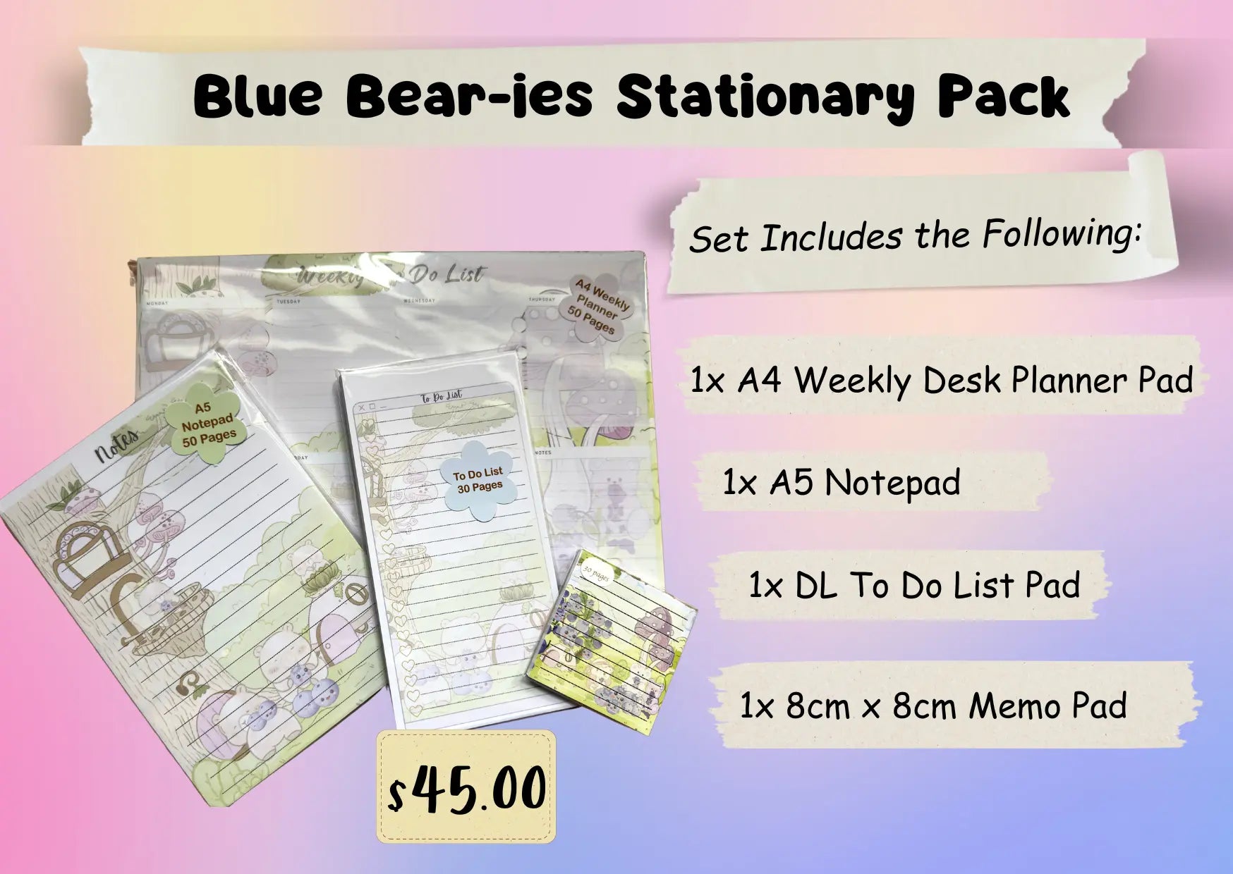 4 pc Kawaii Blue Bearies Stationery Bundle  | Blueberries and Bears in a kawaii scenery Bundle Barb Wire Designs