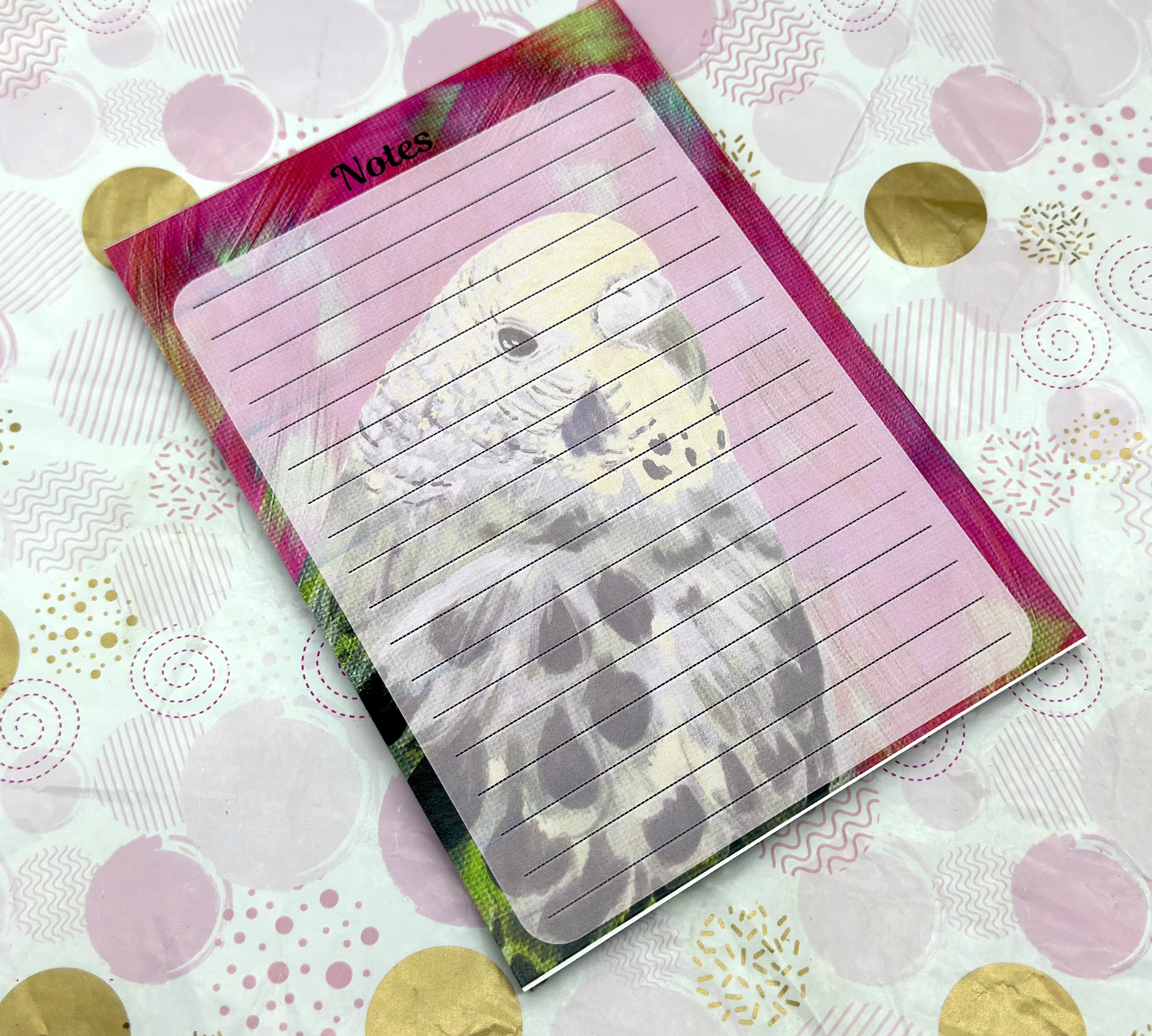 A5 Pink Budgie Notepad Barb Wire Designs