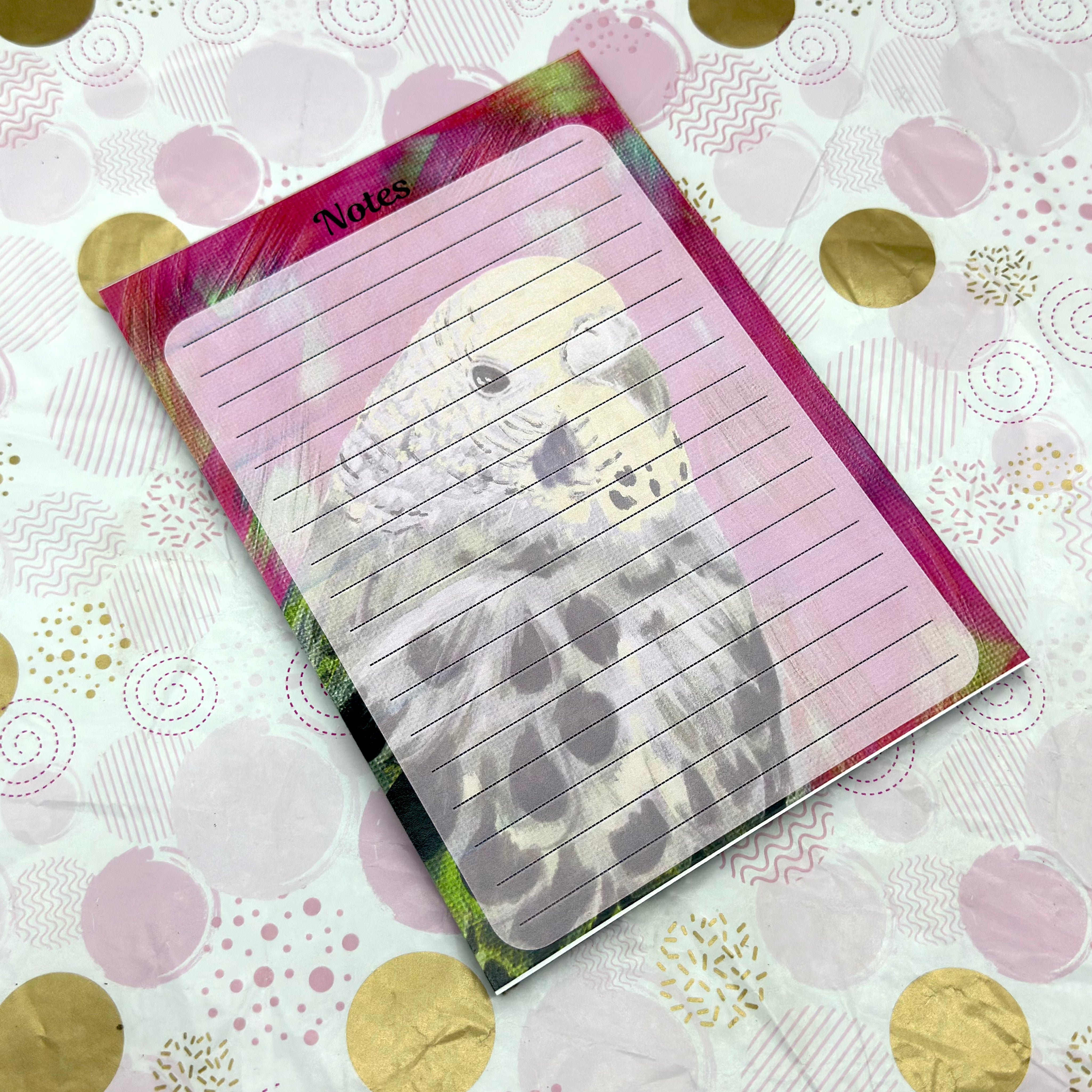 A5 Pink Budgie Notepad Barb Wire Designs