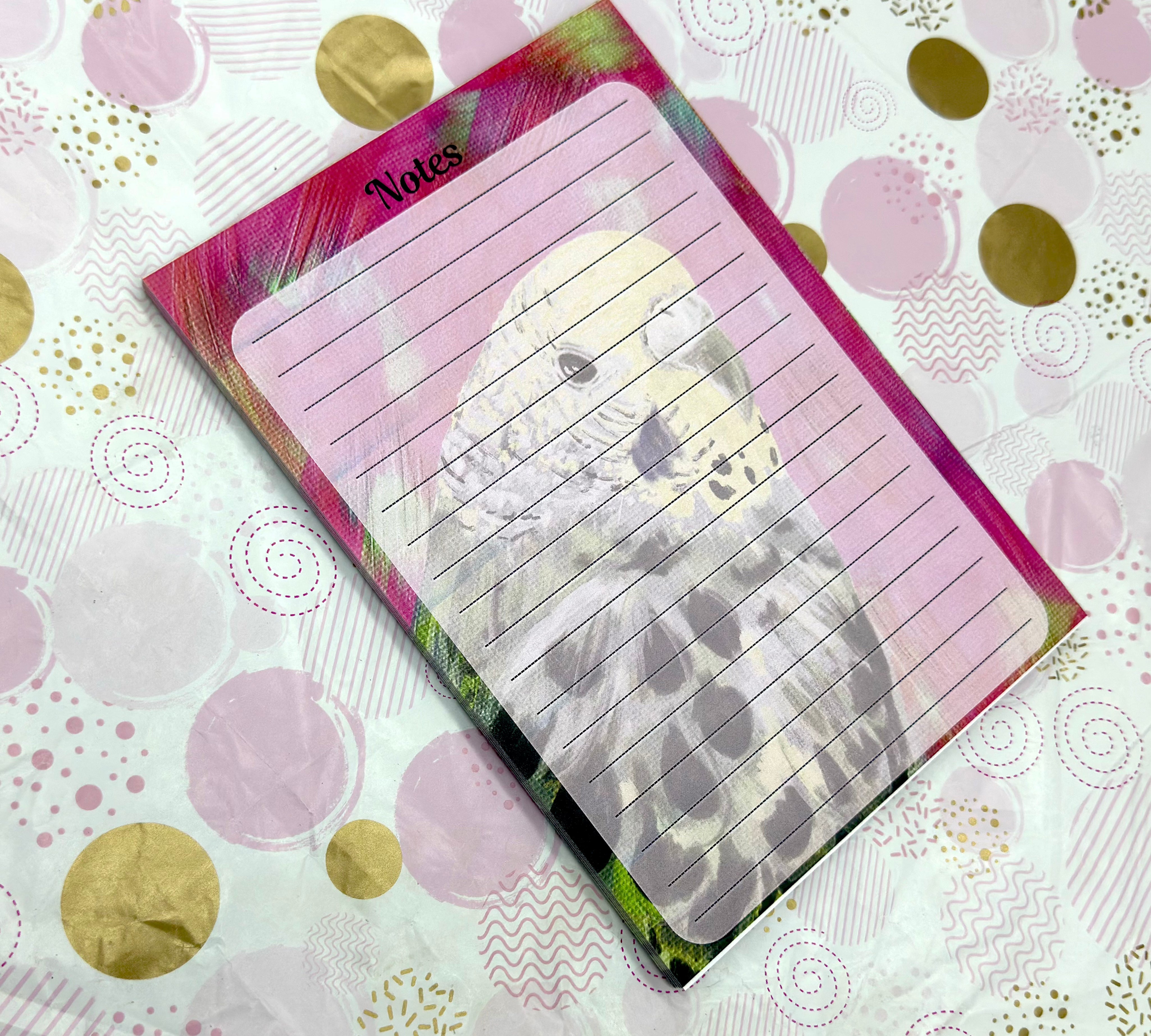A5 Pink Budgie Notepad Barb Wire Designs