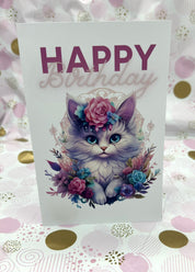 Happy Birthday Floral Cat Birthday Card