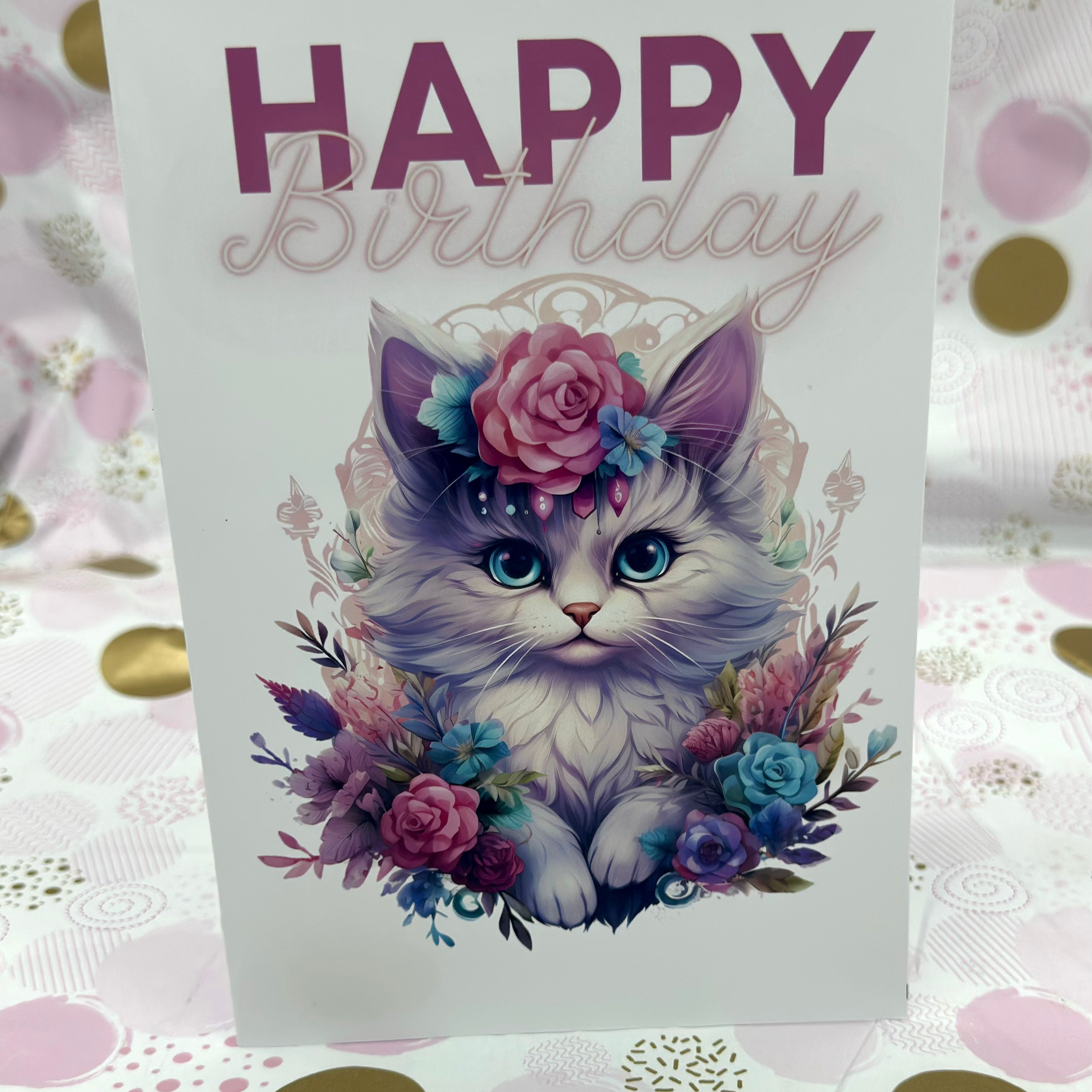 Happy Birthday Floral Cat Birthday Card Barb Wire Designs