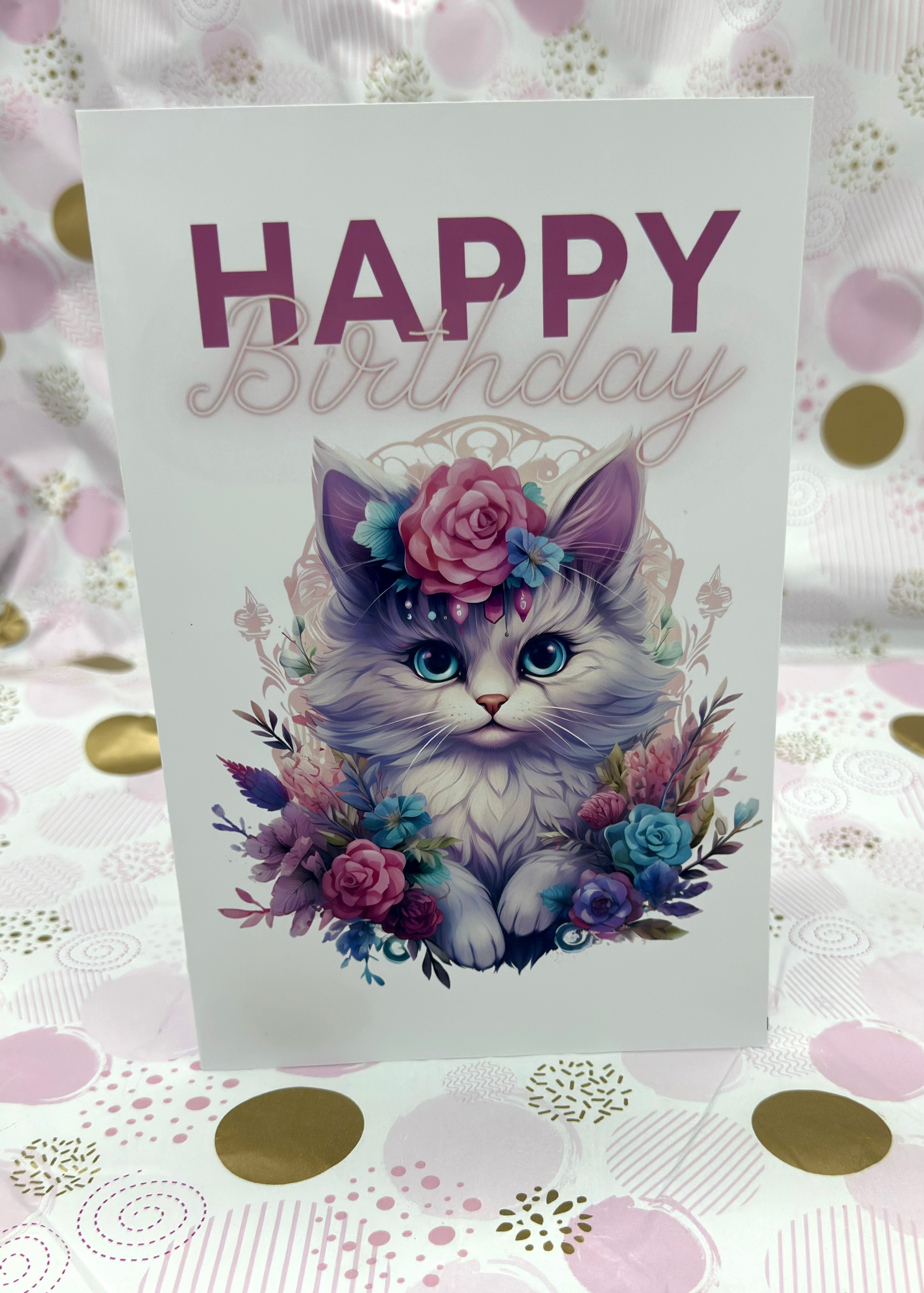 Happy Birthday Floral Cat Birthday Card