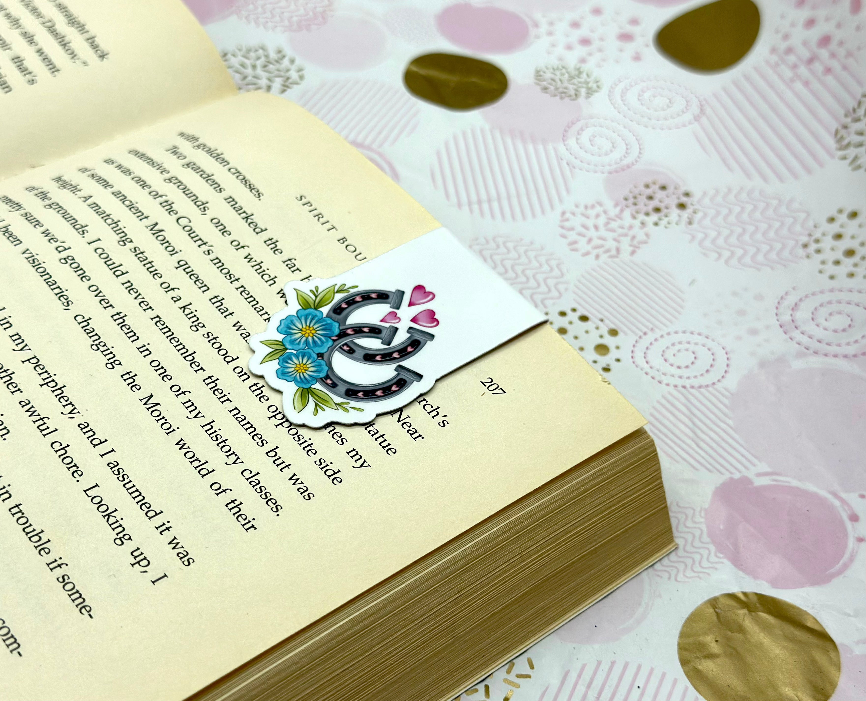 Horse Shoes Blue Floral Magnetic Bookmark