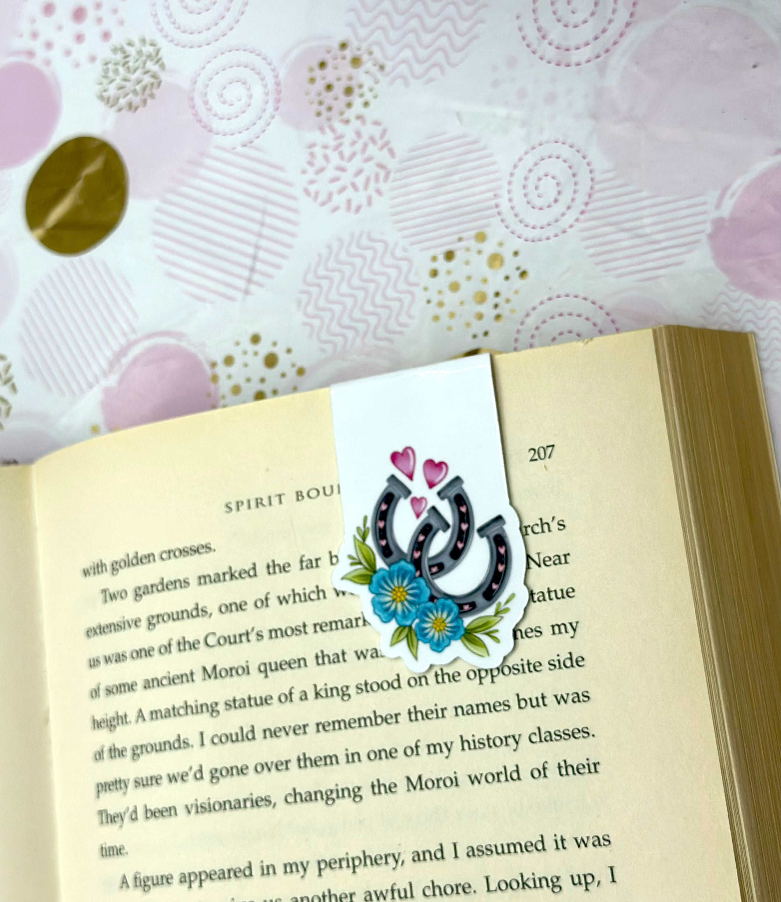 Horse Shoes Blue Floral Magnetic Bookmark