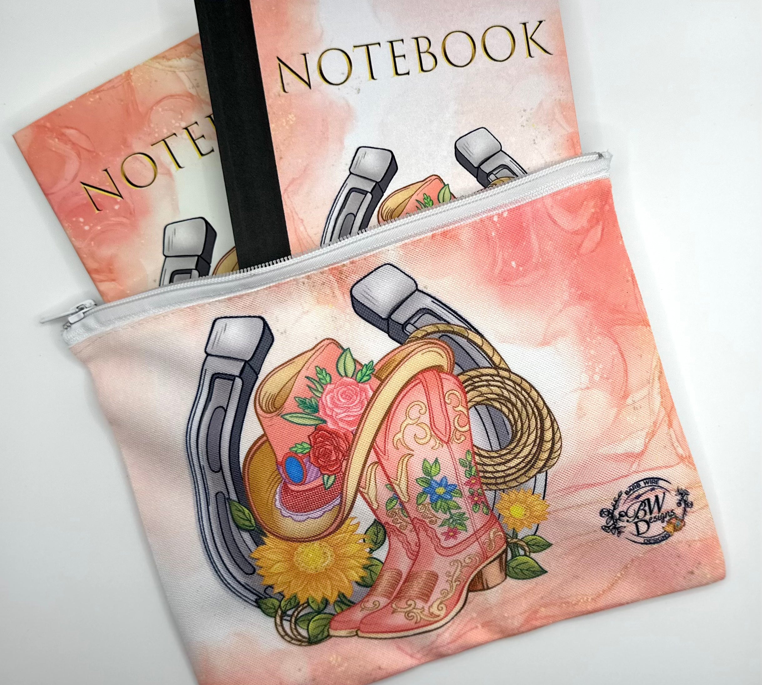 Western Boots Hat Lassoo Stationery Bag Zipper Pouch Lined Barb Wire Designs