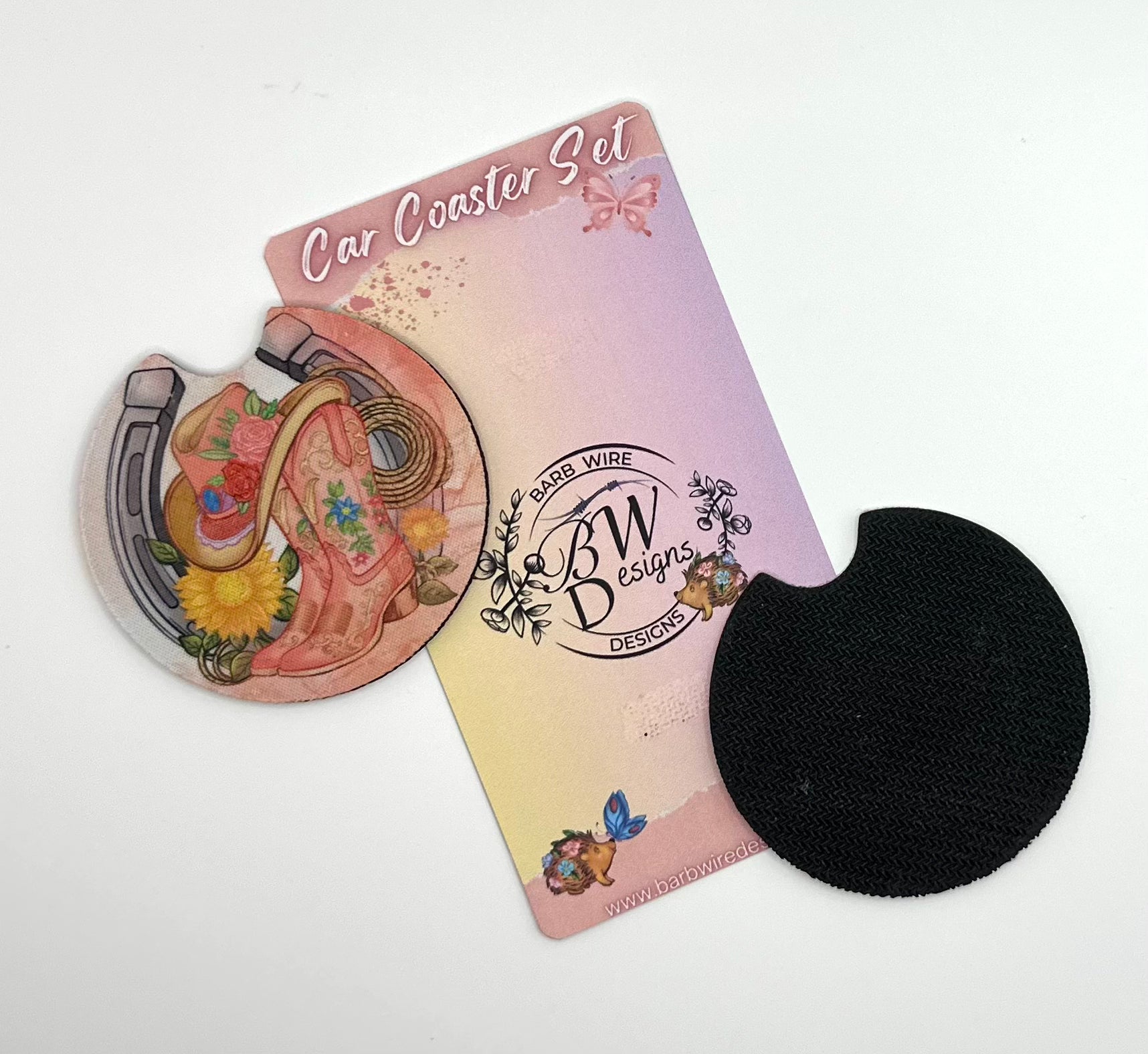 Western Boots Hat lassoo and Horseshoe Car Coaster Set