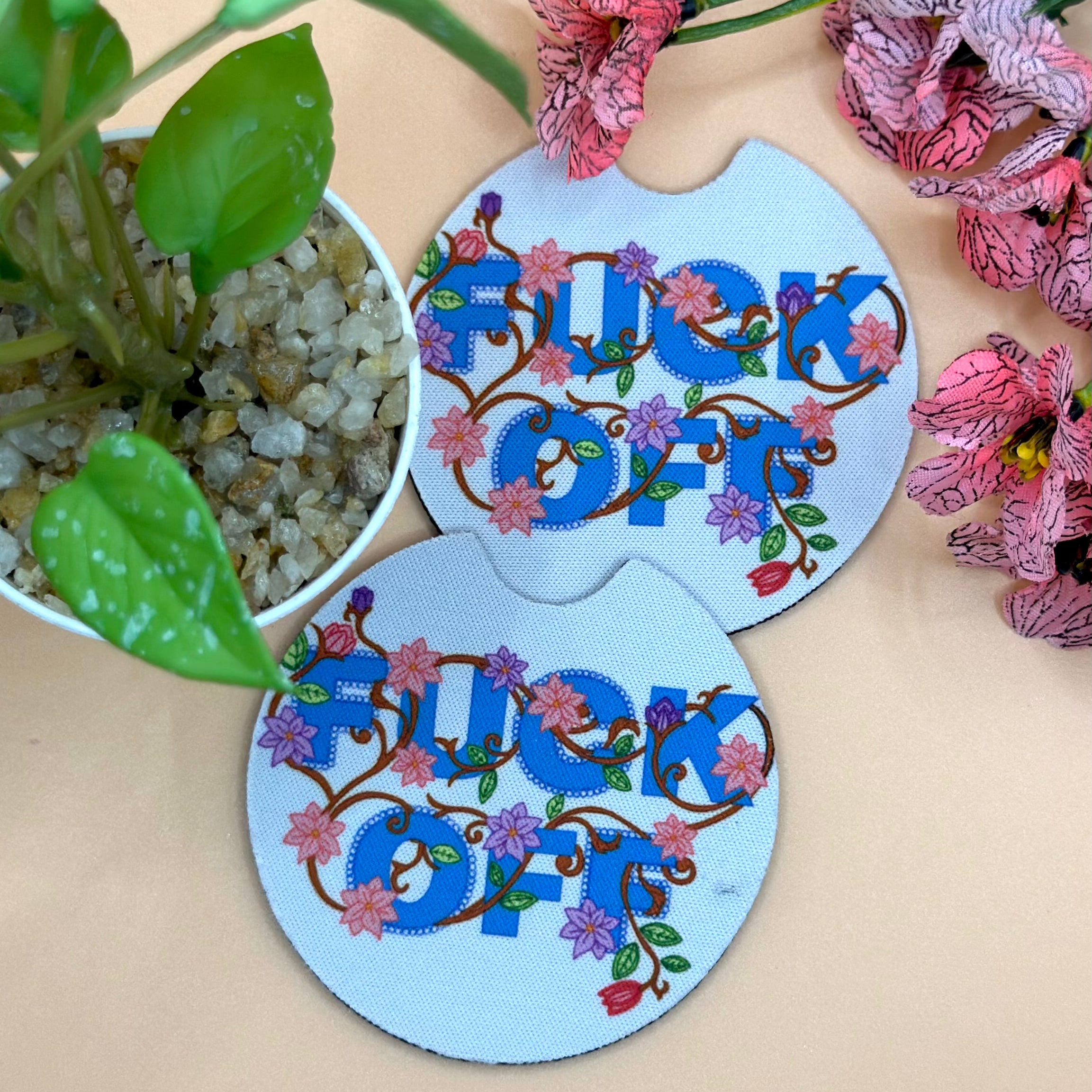 Swear Word Fuck Off Car Coasters Barb Wire Designs
