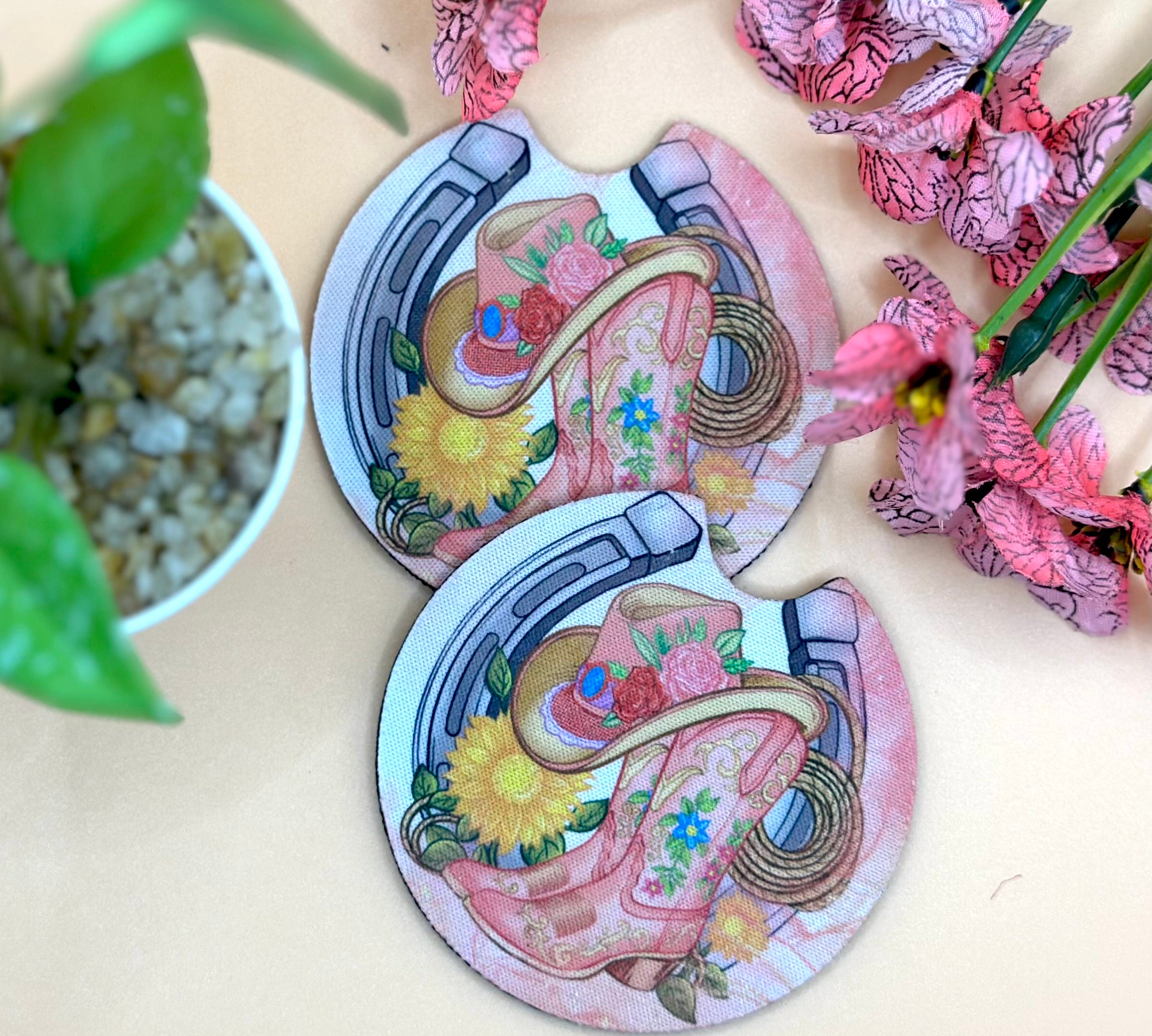 Western Boots Hat lassoo and Horseshoe Car Coaster Set Barb Wire Designs