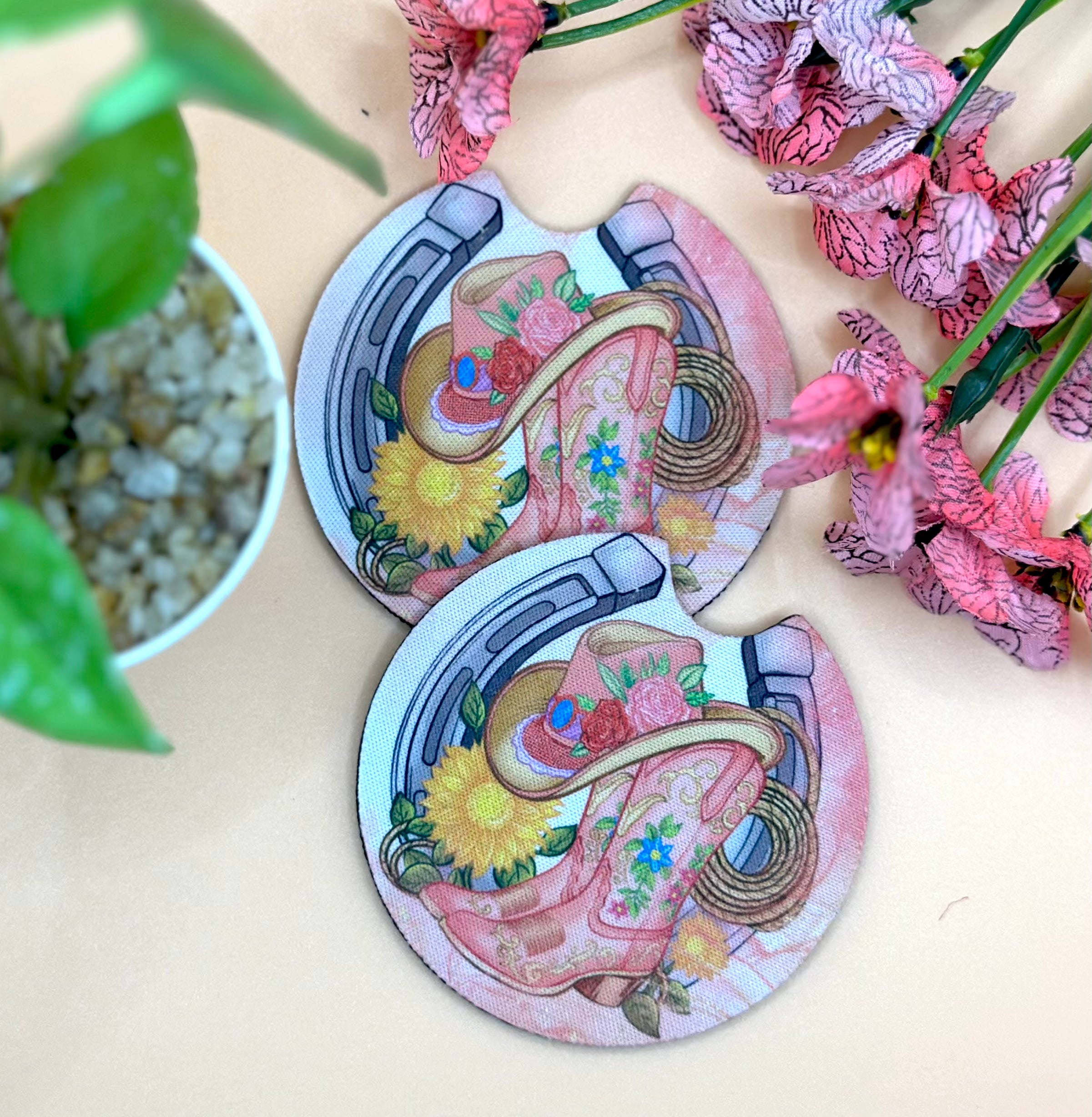 Western Boots Hat lassoo and Horseshoe Car Coaster Set