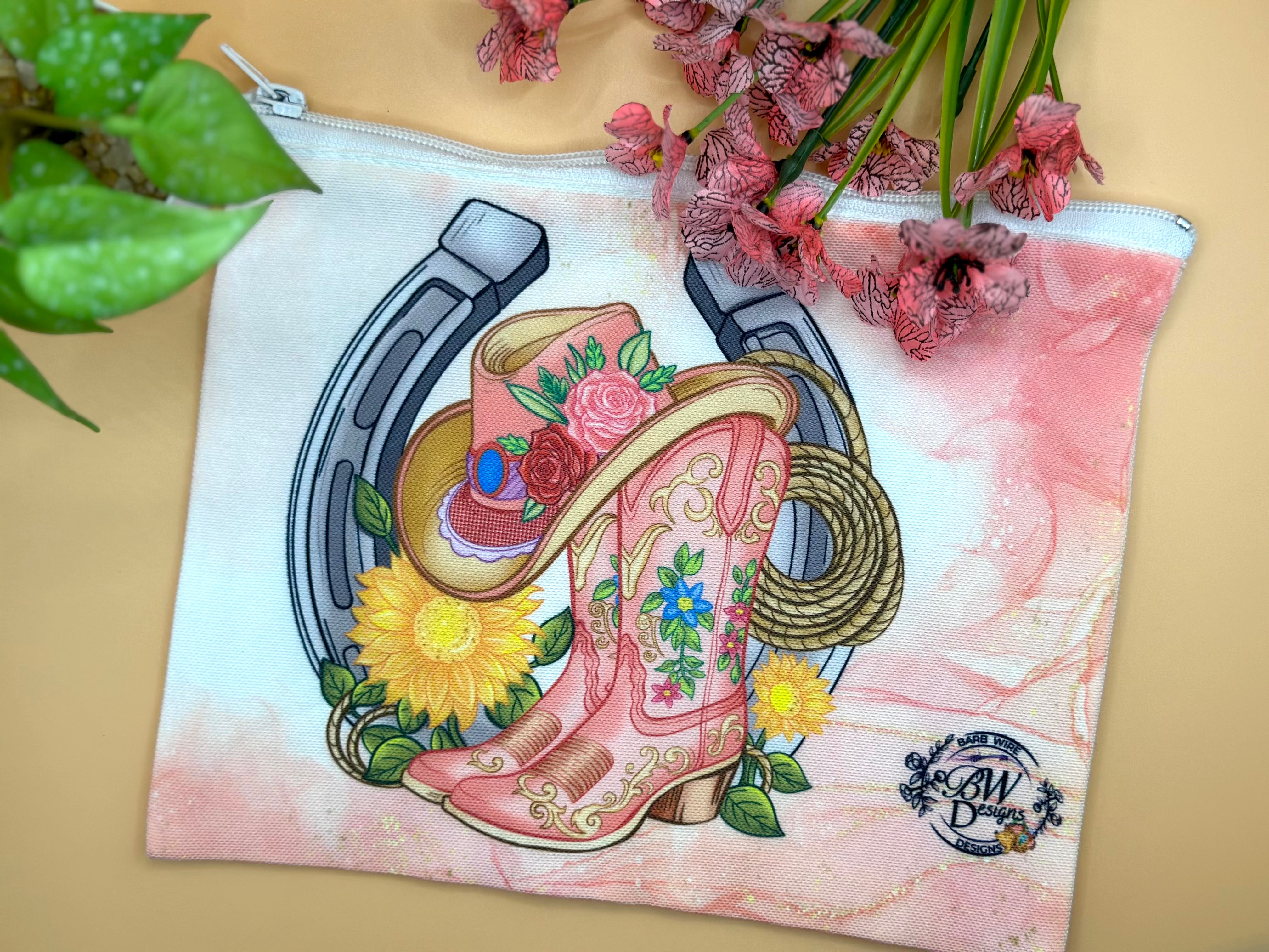 Western Boots Hat Lassoo Stationery Bag Zipper Pouch Lined Barb Wire Designs