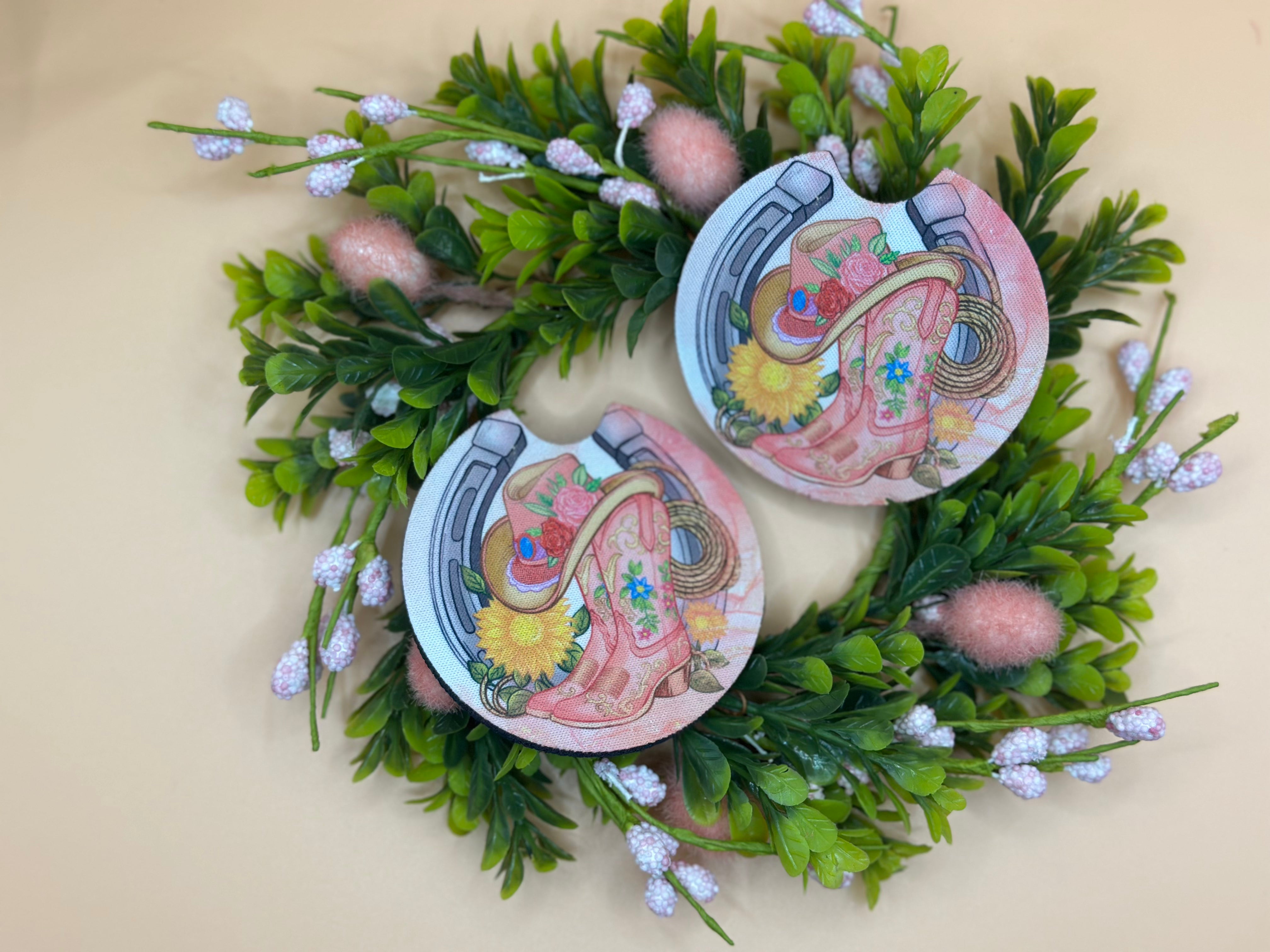 Western Boots Hat lassoo and Horseshoe Car Coaster Set Barb Wire Designs