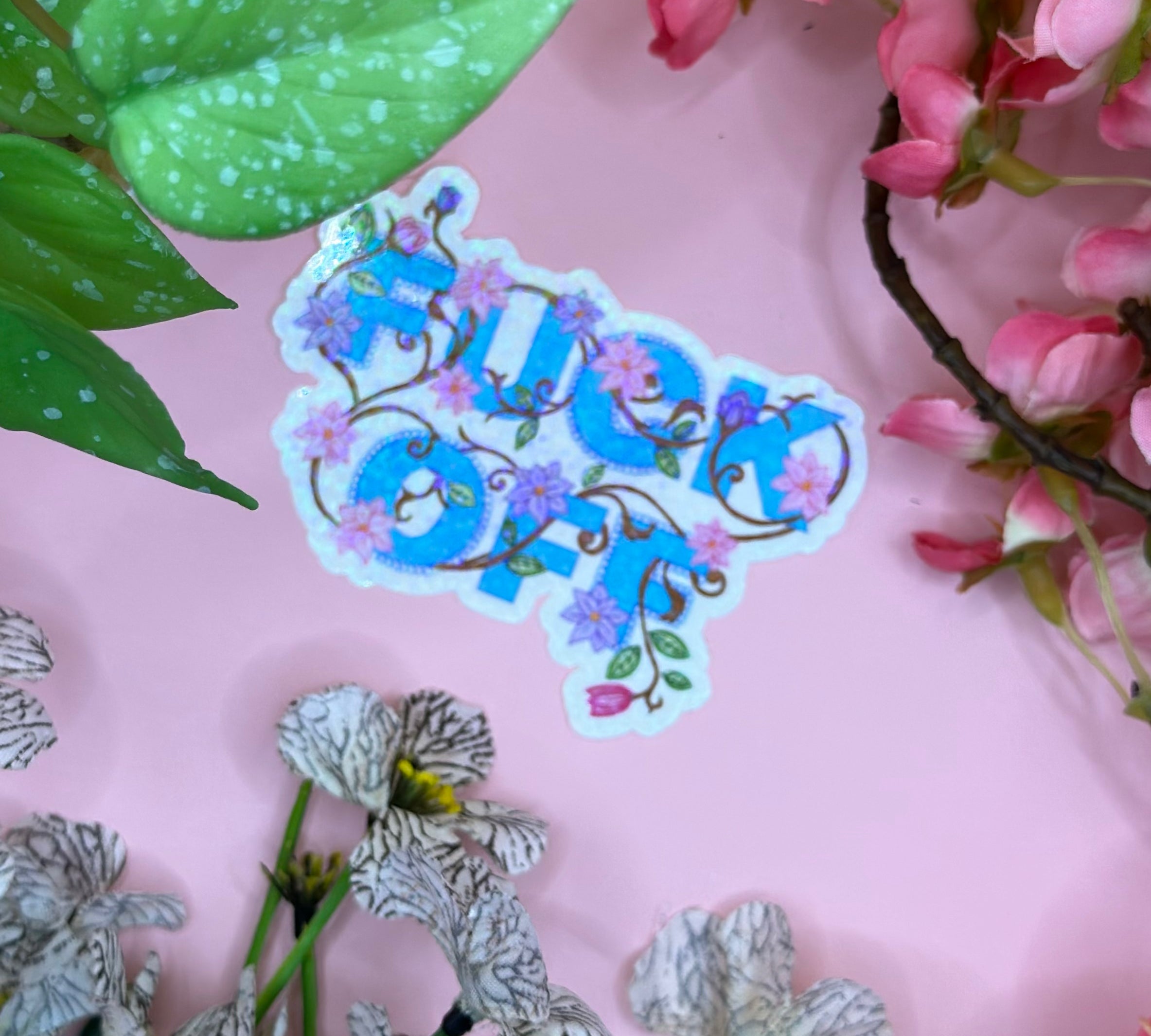 Fuck Off  Blue Floral Vinyl Sticker Barb Wire Designs