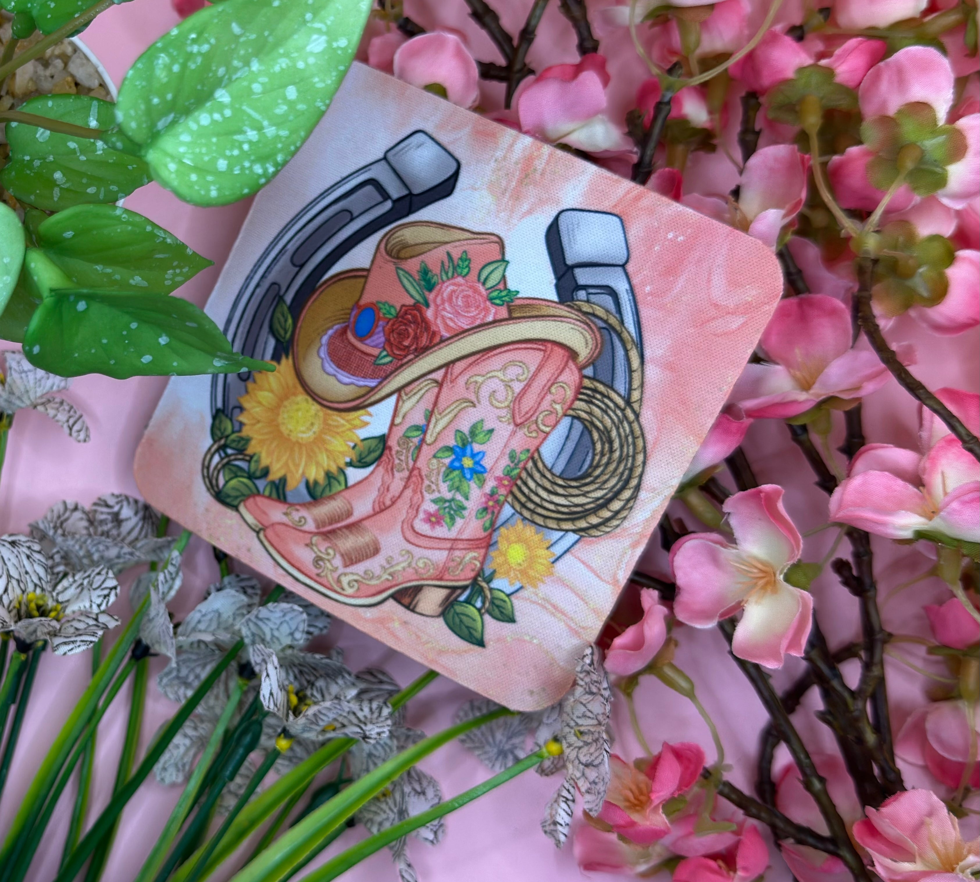 Western Boots hat horseshoe and lassoo  Mug Coaster Barb Wire Designs