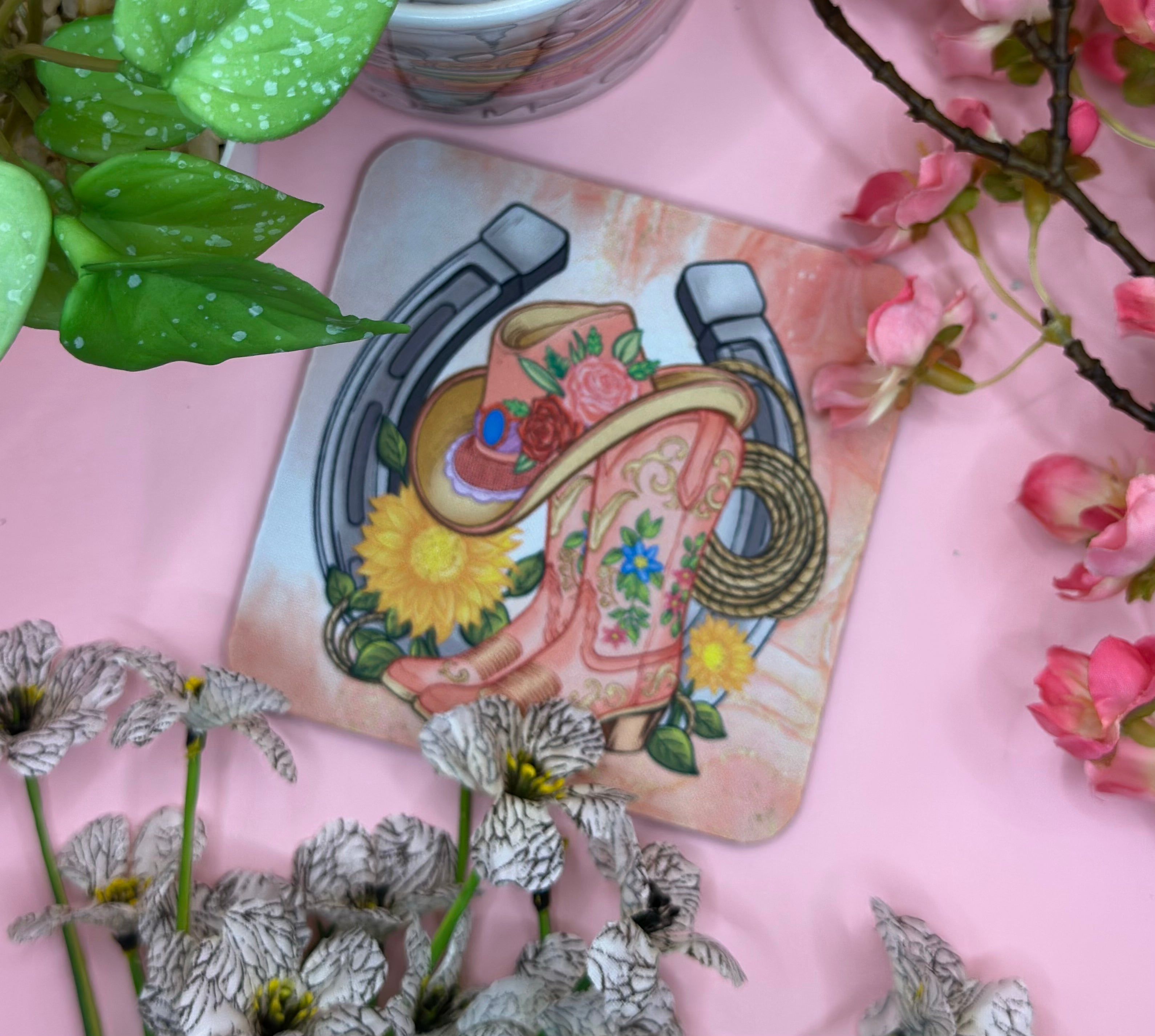 Western Boots hat horseshoe and lassoo  Mug Coaster Barb Wire Designs