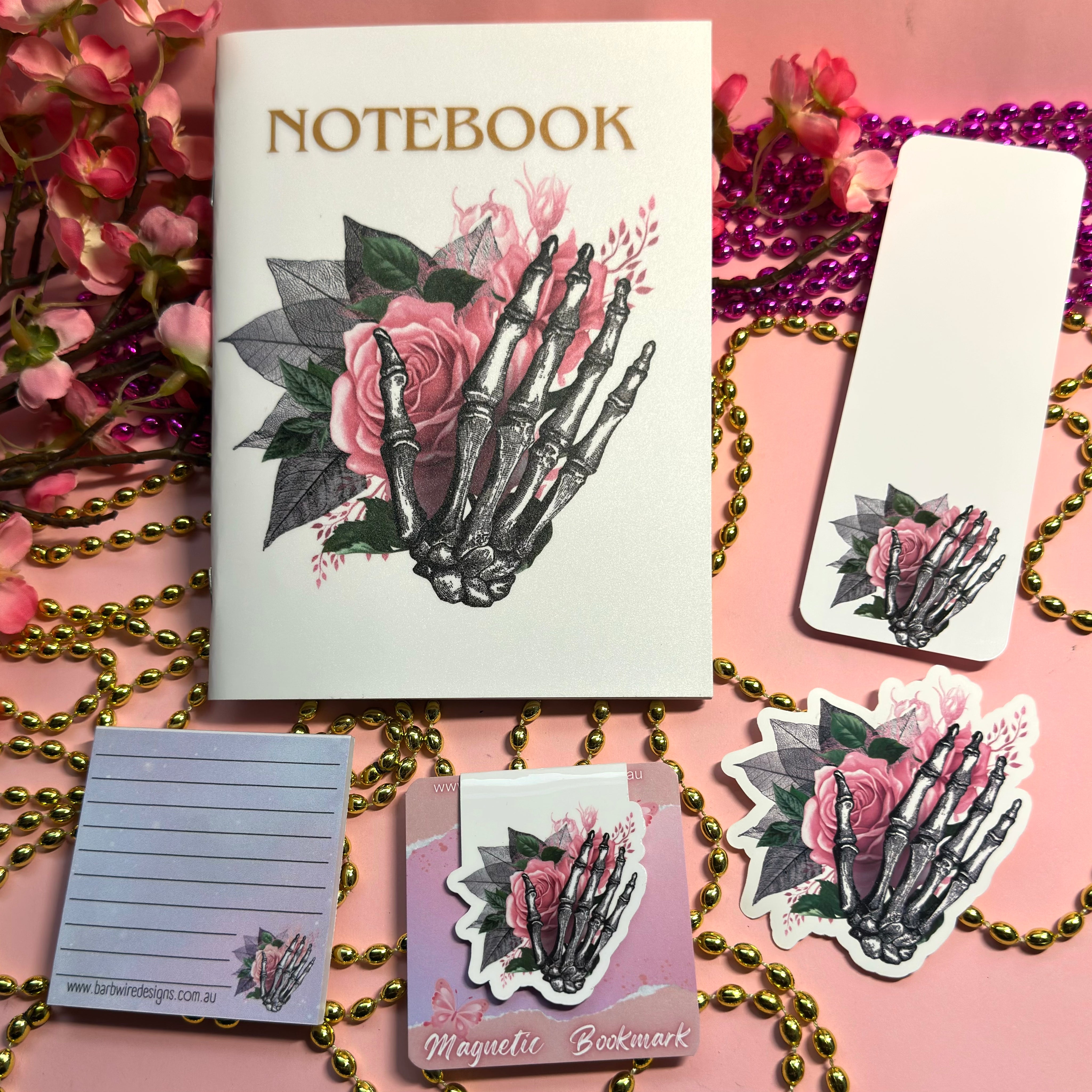 Limited Edition Pink Rose Skeleton Hand Stationery Pack My Store