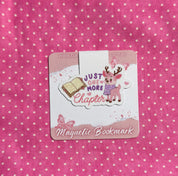 Magnetic bookmark with a cartoon deer and text on a pink polka dot background