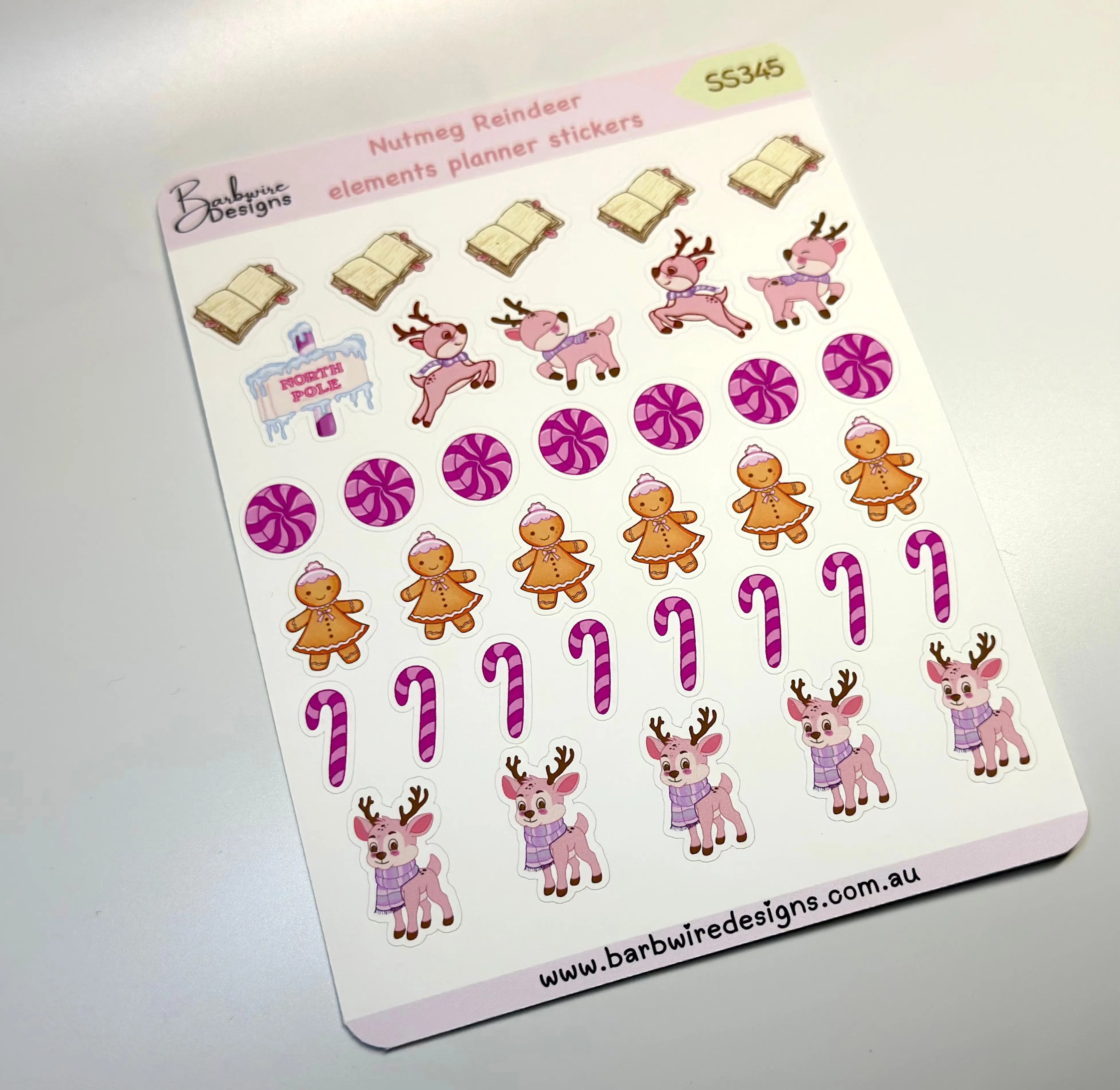 Sheet of Christmas Themed stickers featuring reindeer, nutmeg gingerbread men with white background