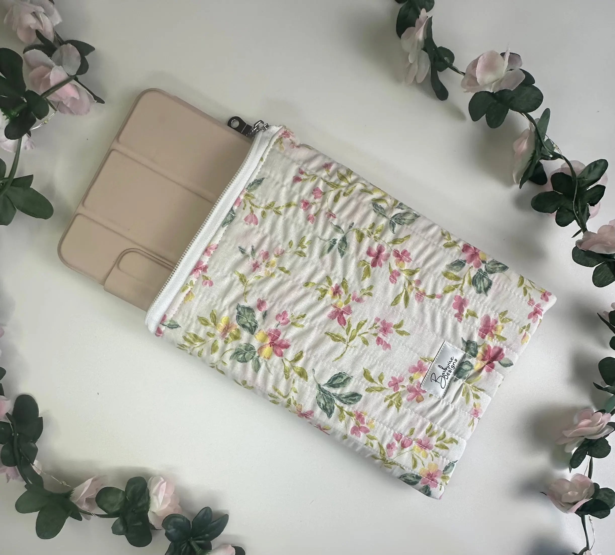 Fleur Quilted Book/ ipad Sleeve zippered Barb Wire Designs