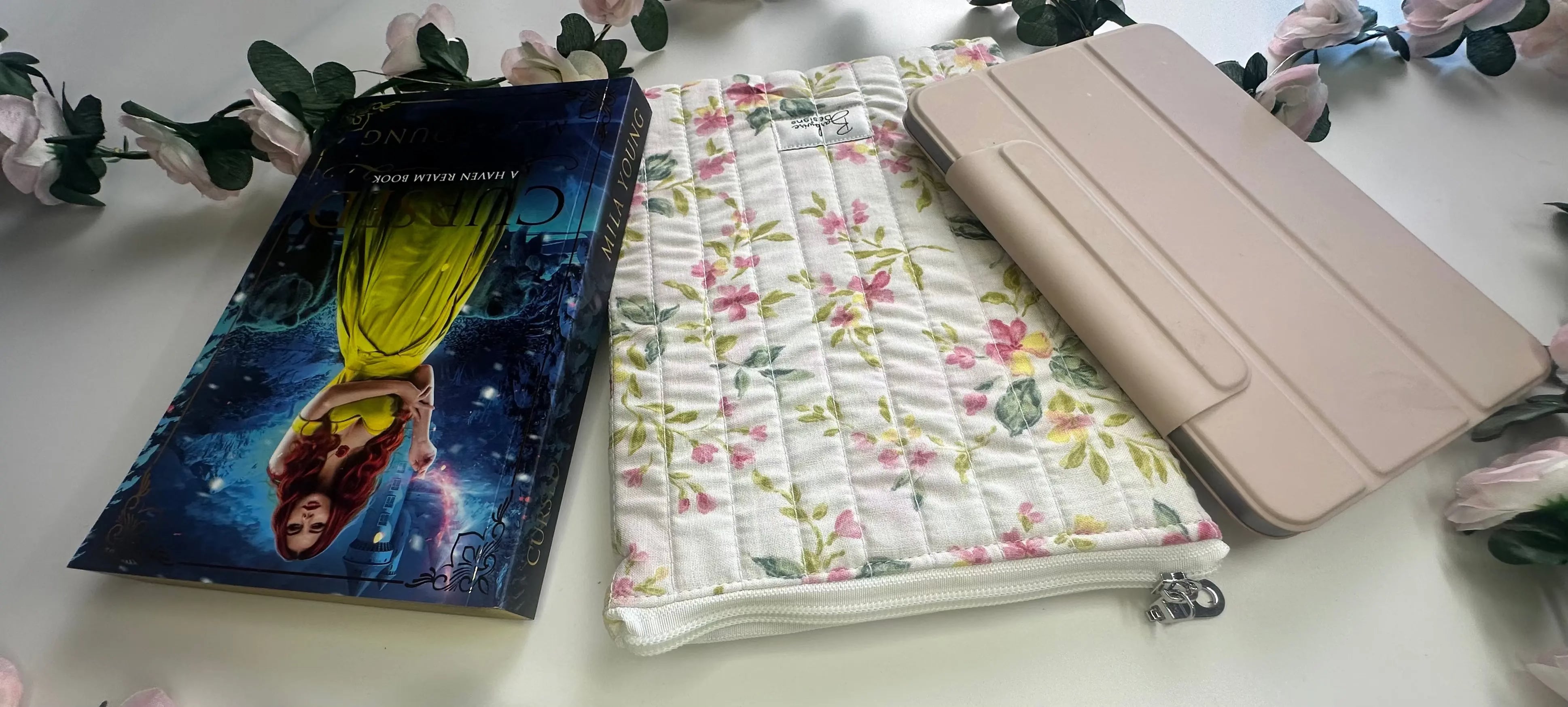 Fleur Quilted Book/ ipad Sleeve zippered Barb Wire Designs