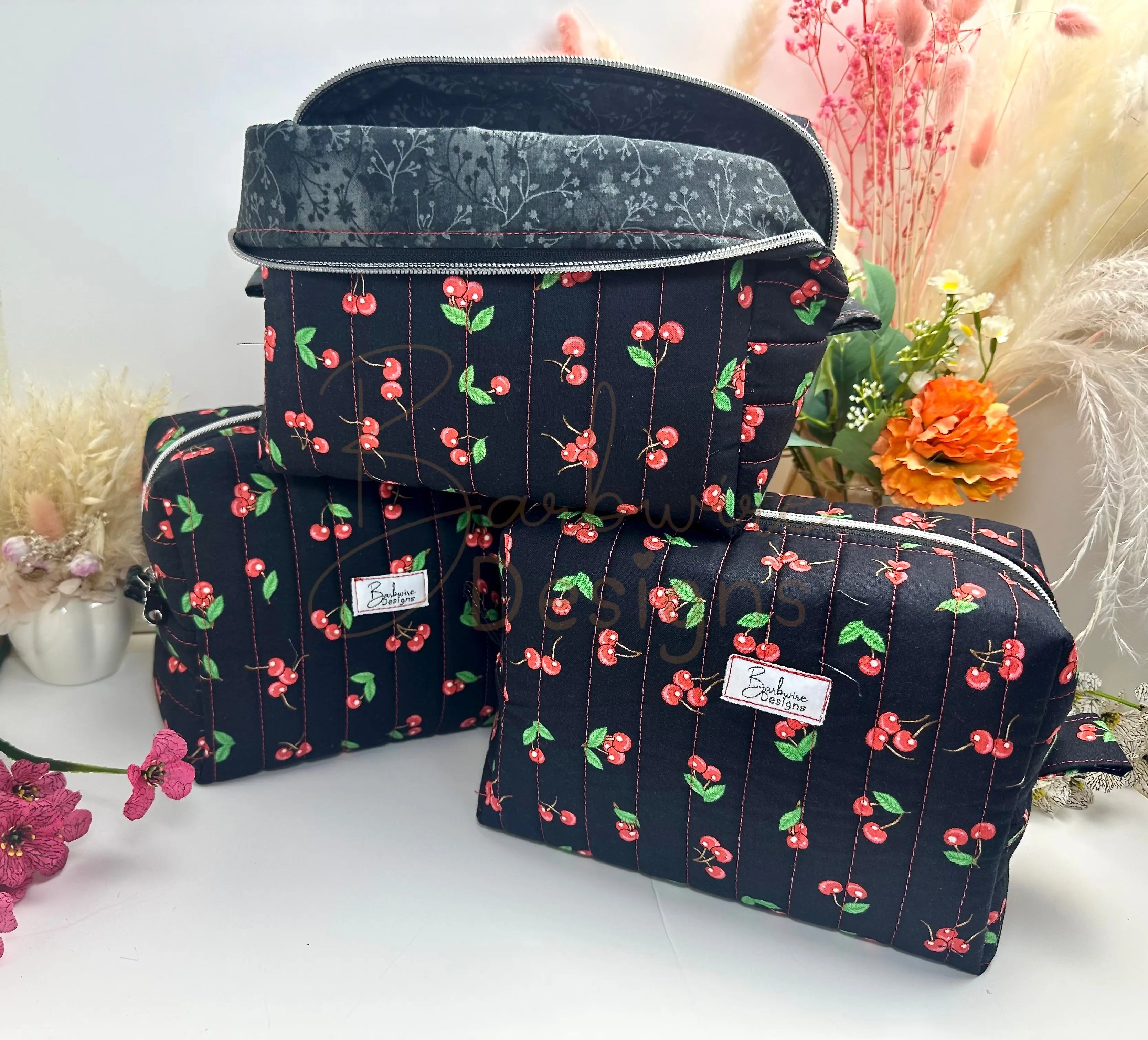 Black Cherry Quilted Makeup Bag / Carry All Bag Barb Wire Designs