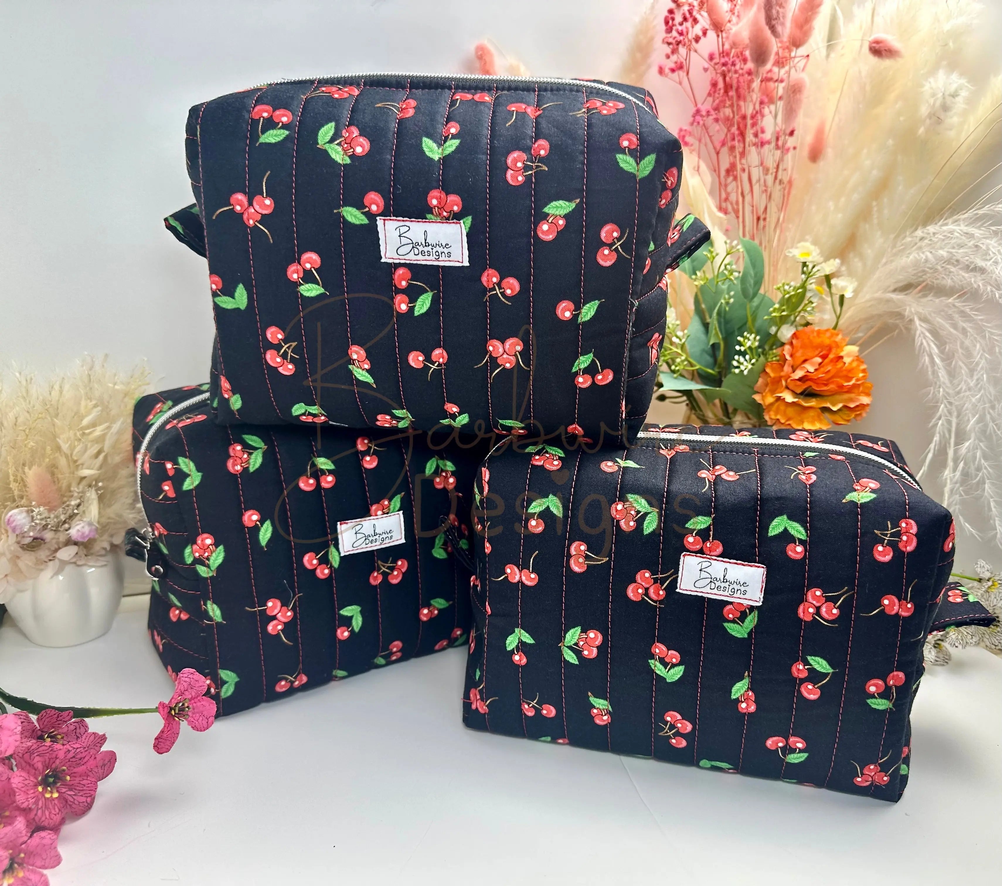 Black Cherry Quilted Makeup Bag / Carry All Bag Barb Wire Designs