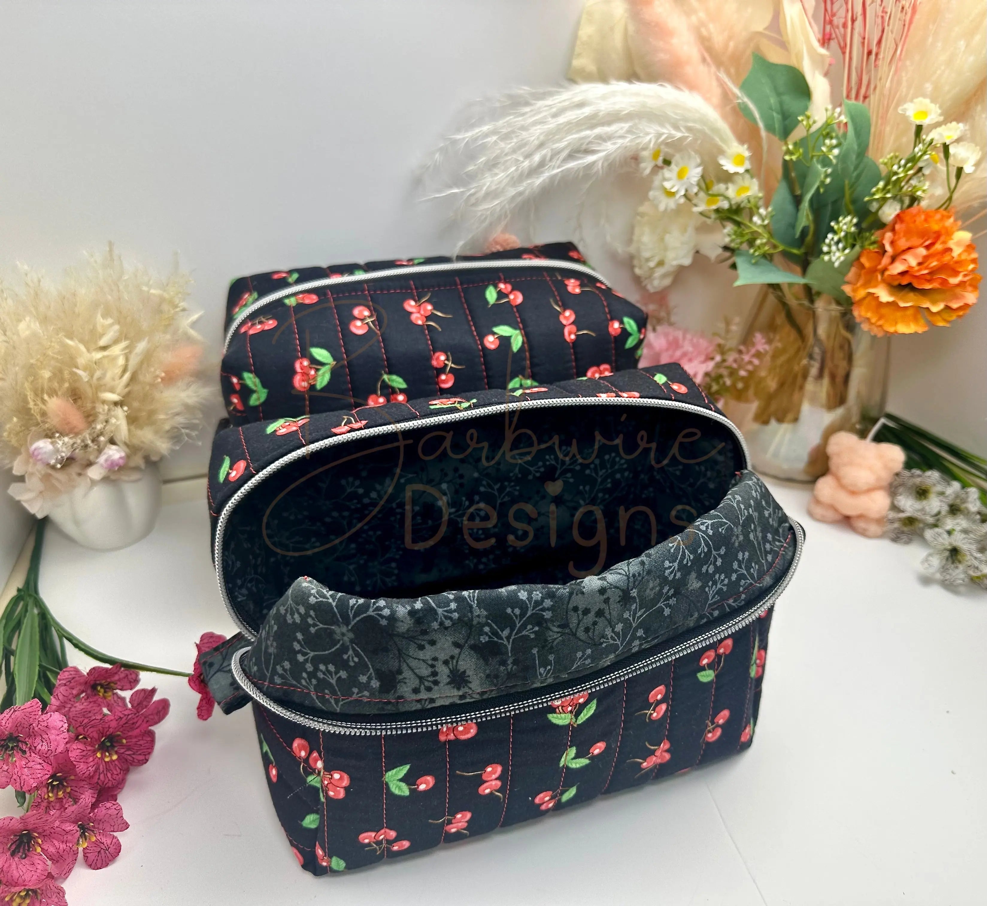 Black Cherry Quilted Makeup Bag / Carry All Bag Barb Wire Designs