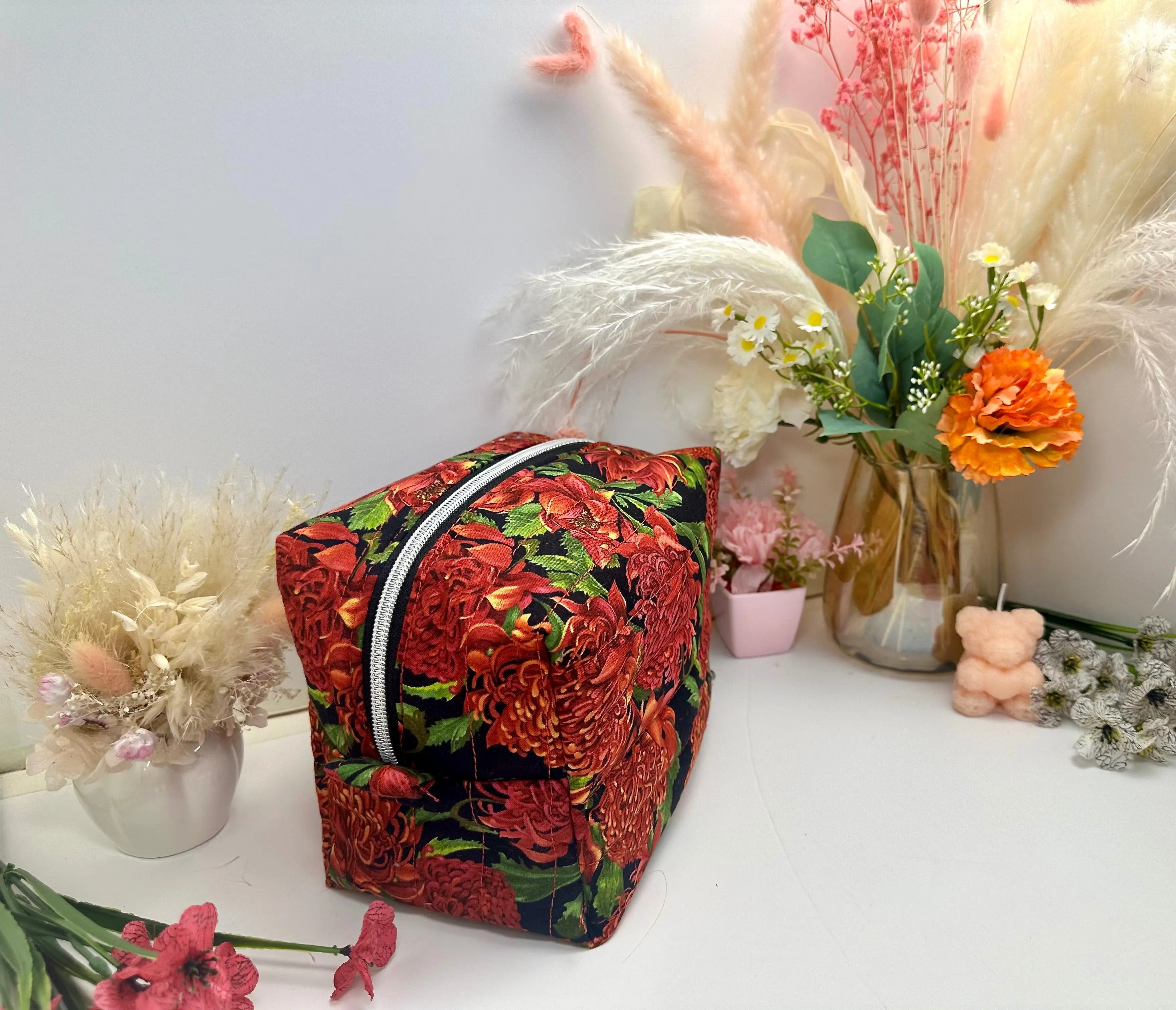 Waratah Quilted Makeup Bag / carry all Barb Wire Designs