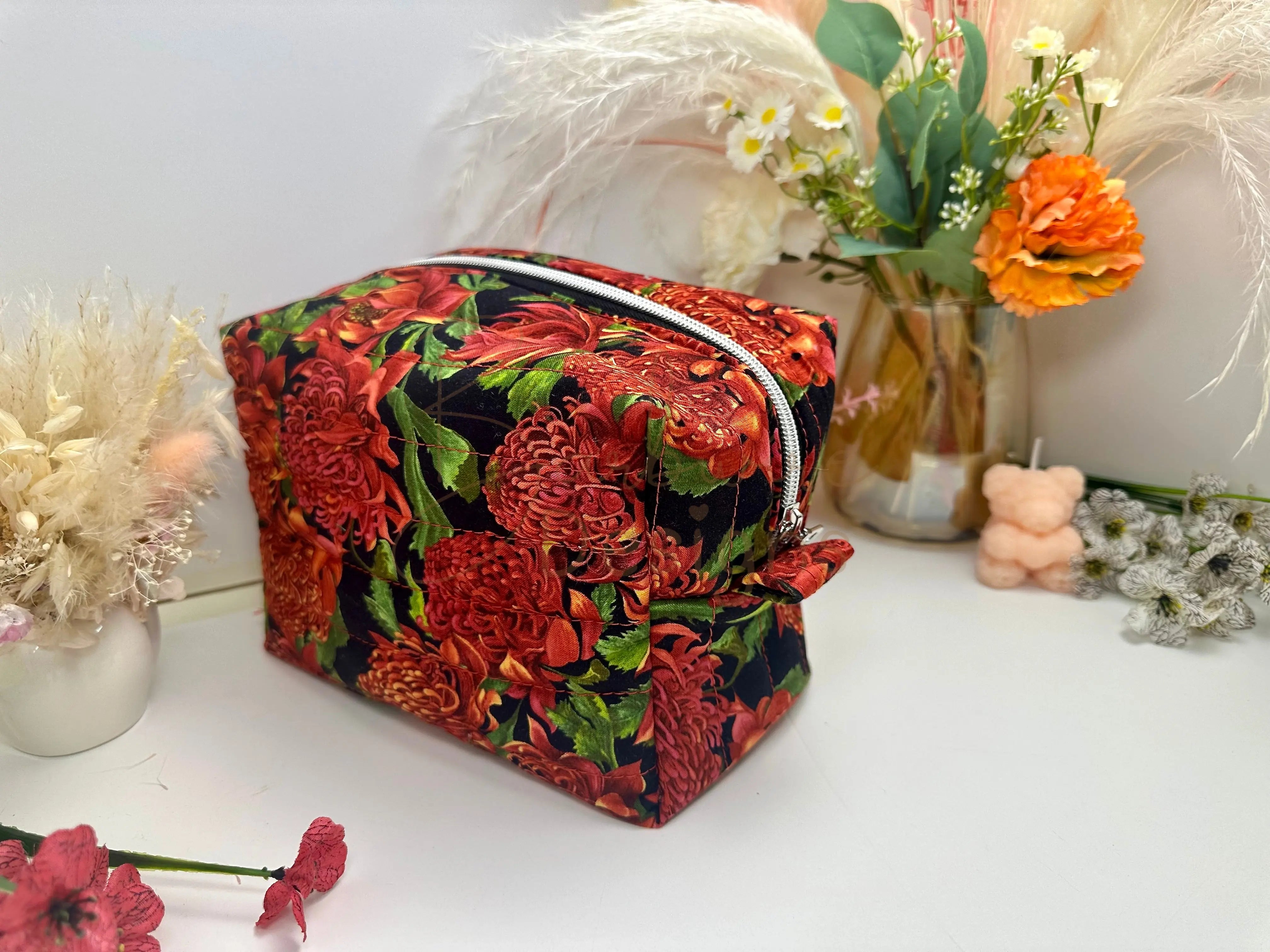 Waratah Quilted Makeup Bag / carry all Barb Wire Designs