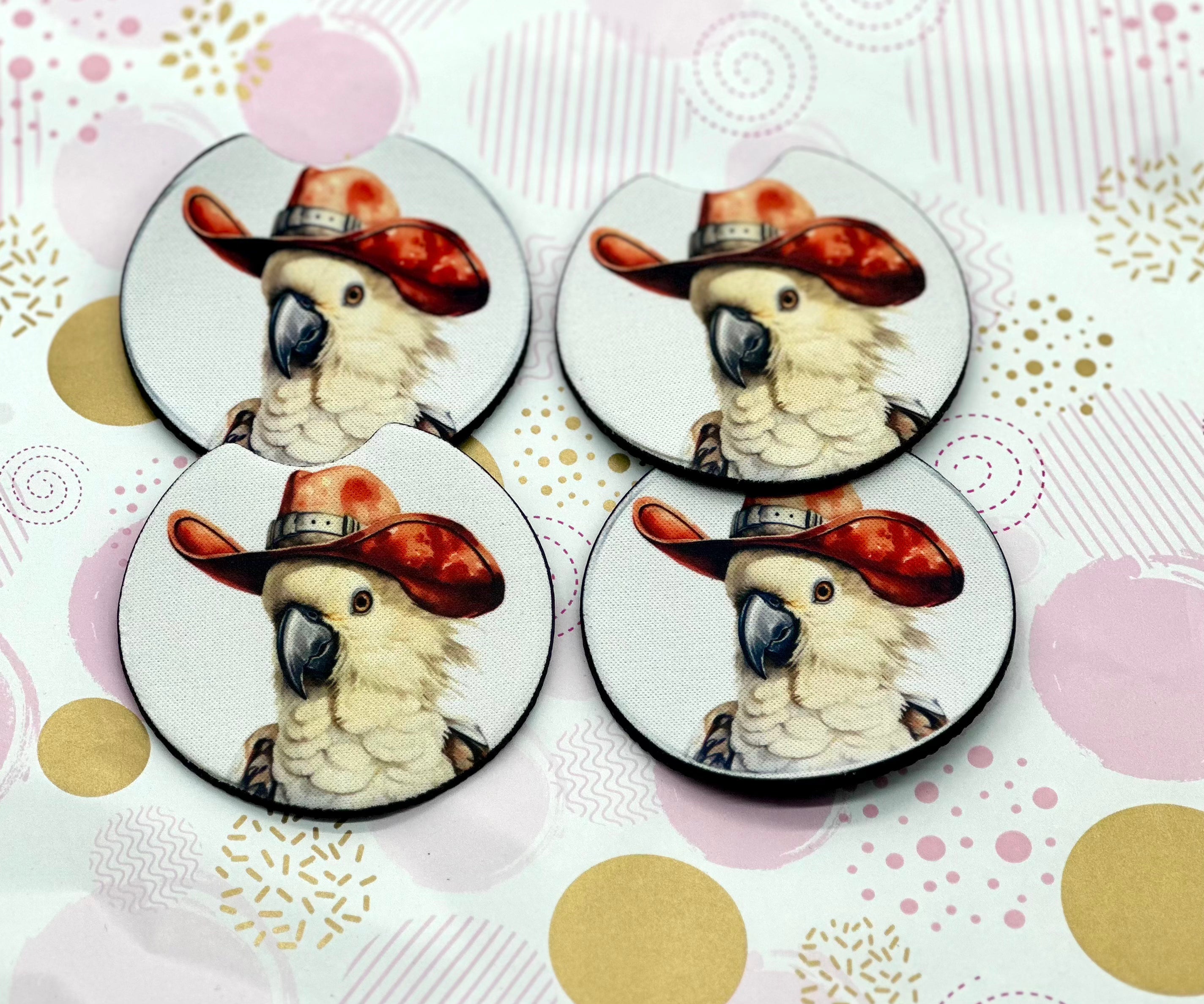 Cockatoo with Cowboy Hat Coaster Set Barb Wire Designs