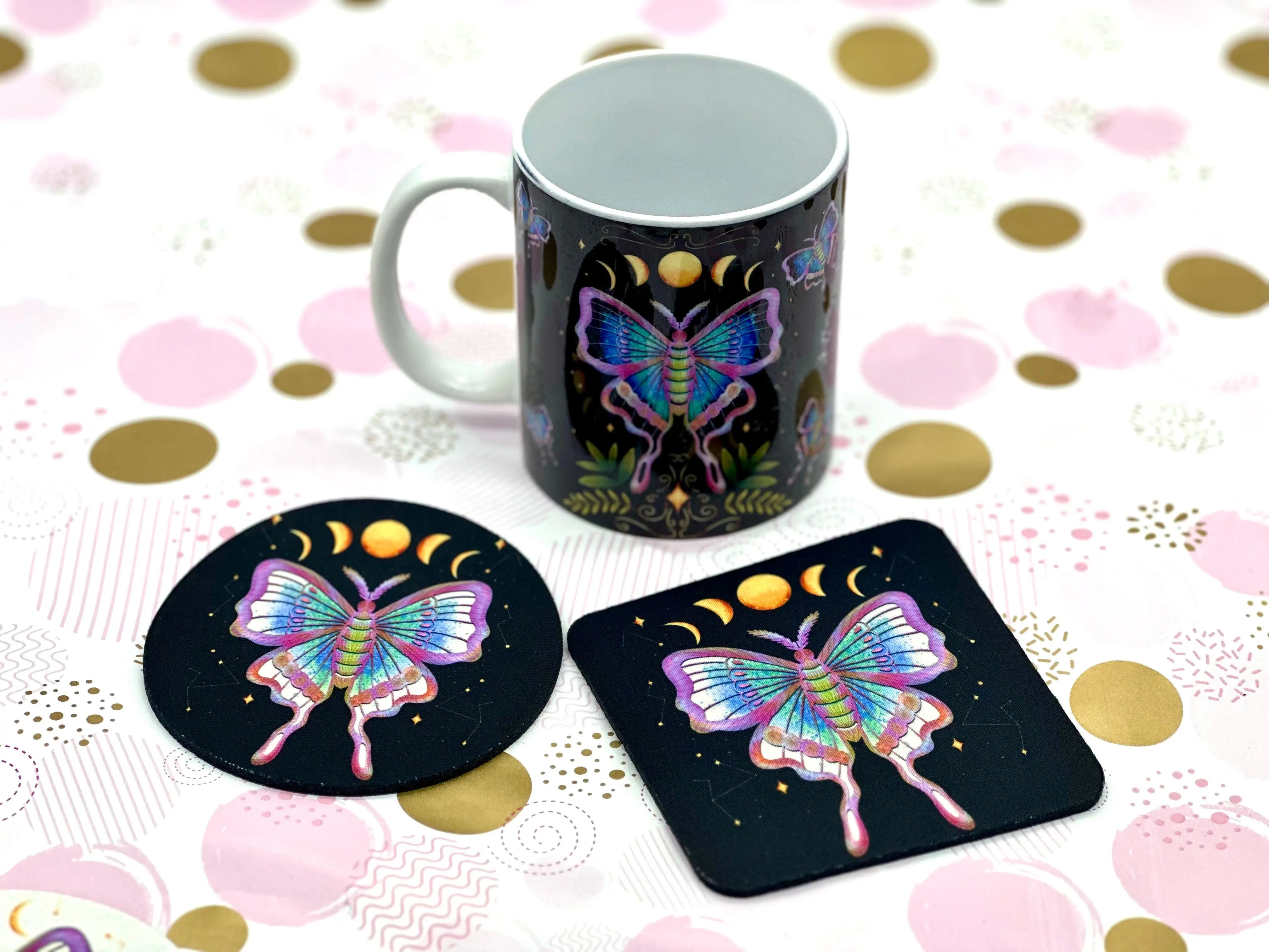 Luna Moth Mug Coaster Barb Wire Designs