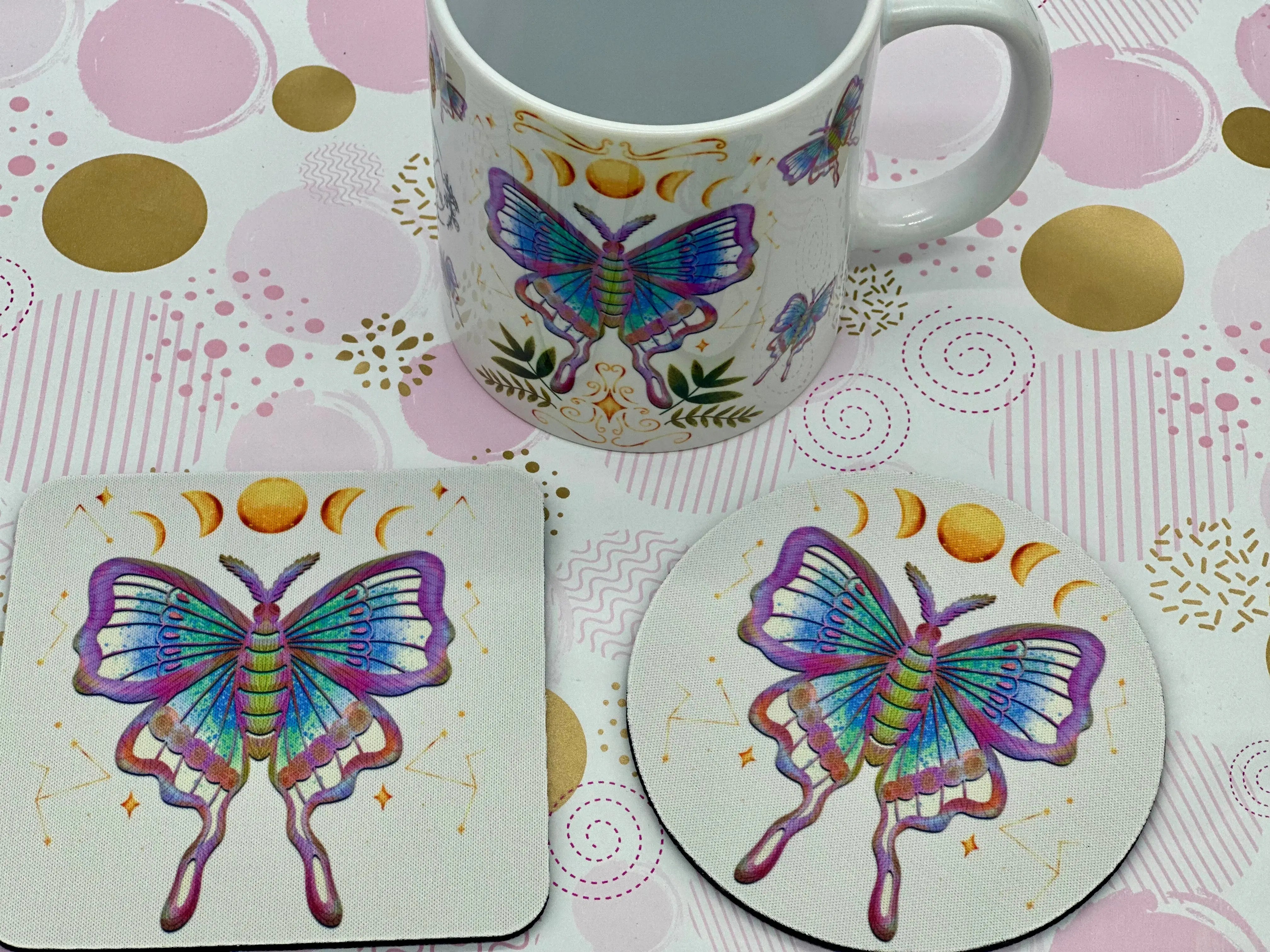 Luna Moth Mug Coaster Barb Wire Designs