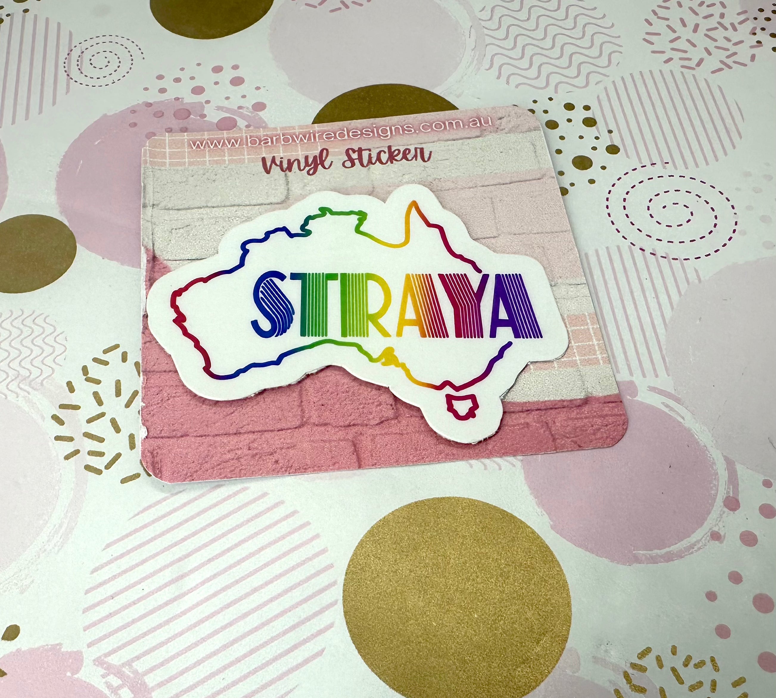 Rainbow Coloured Straya Map Vinyl Sticker Barb Wire Designs