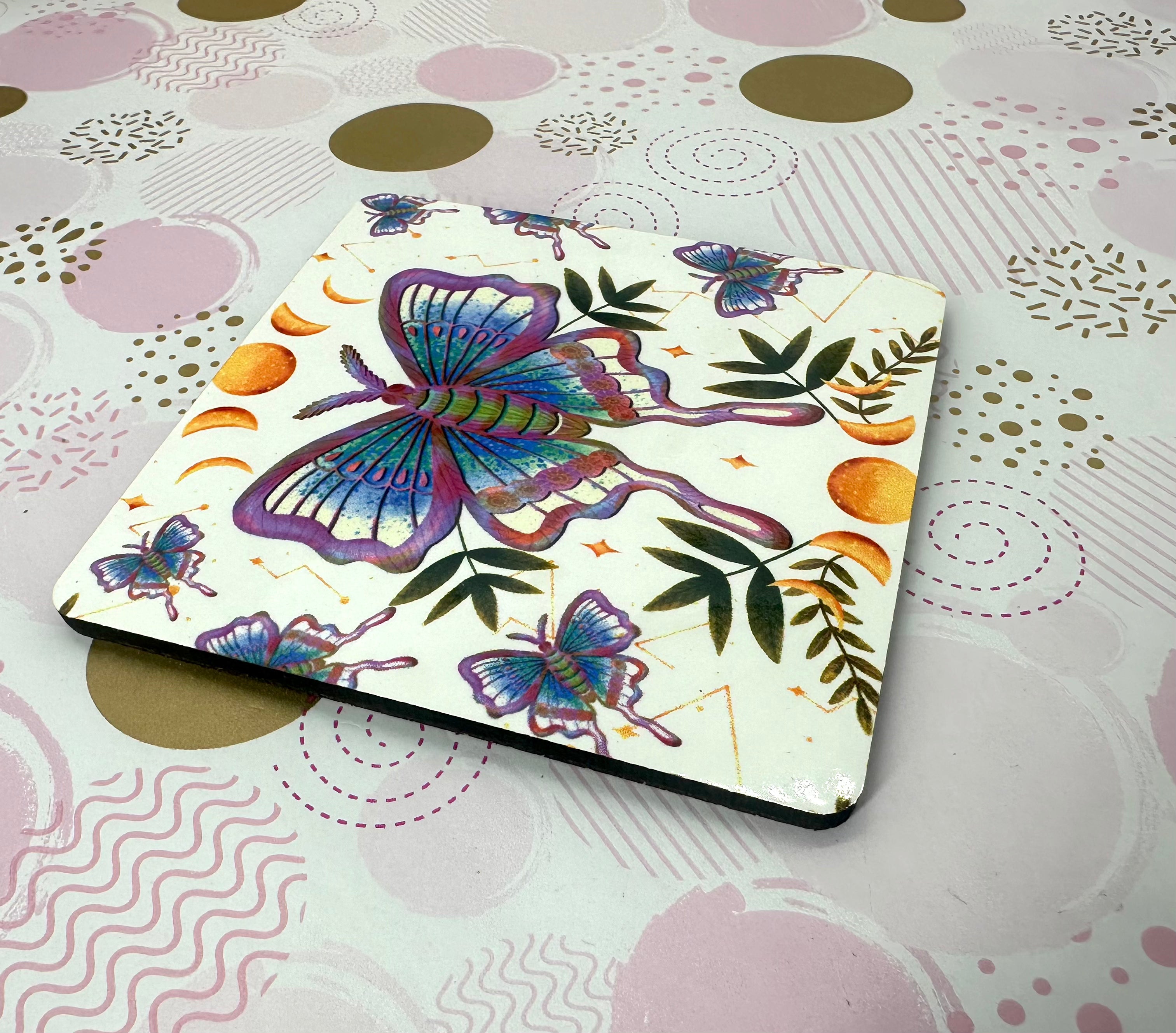 Luna Moth Cork Board Square Coaster Barb Wire Designs