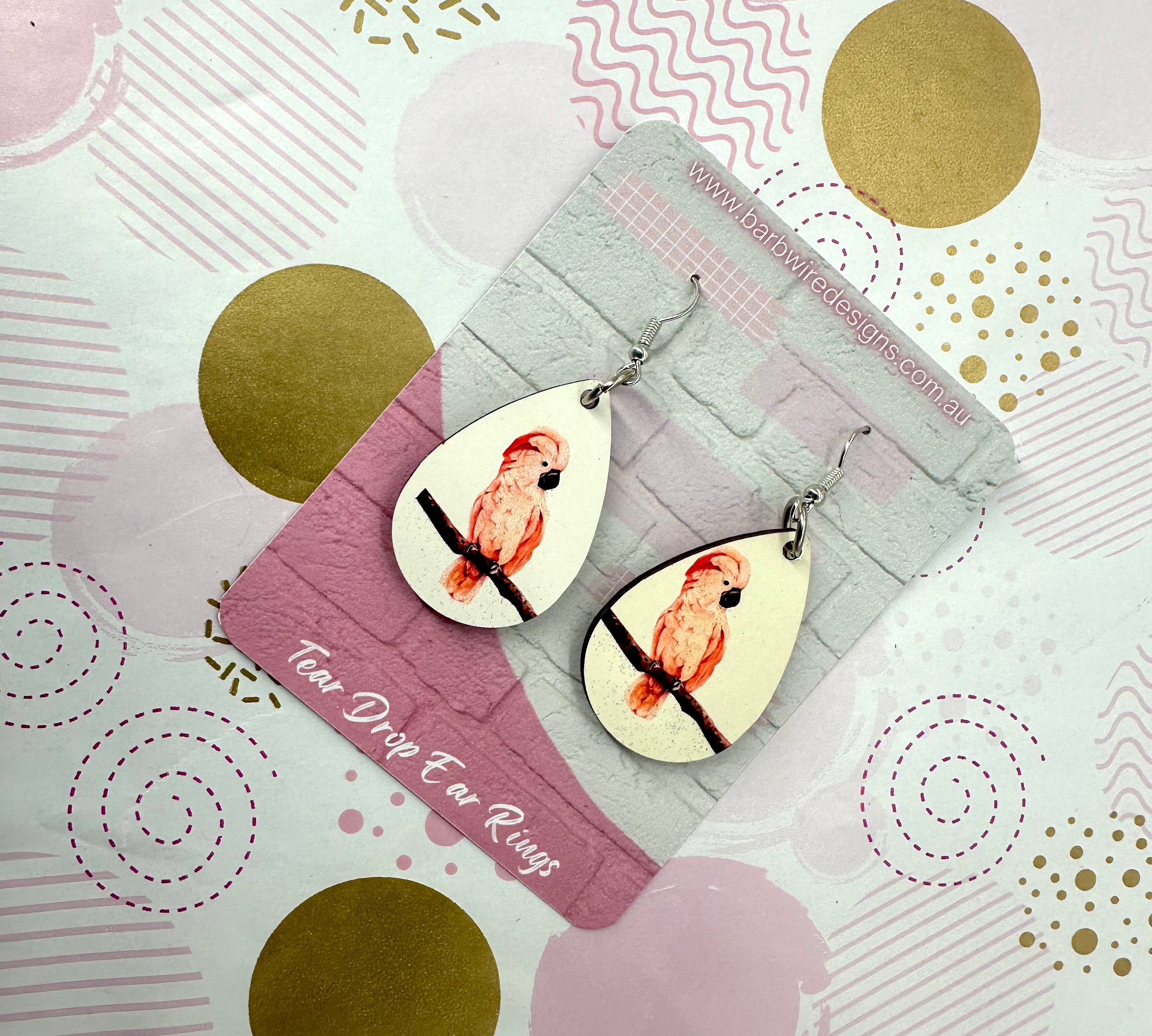 Pink Cockatoo Sublimation Ear Rings Barb Wire Designs
