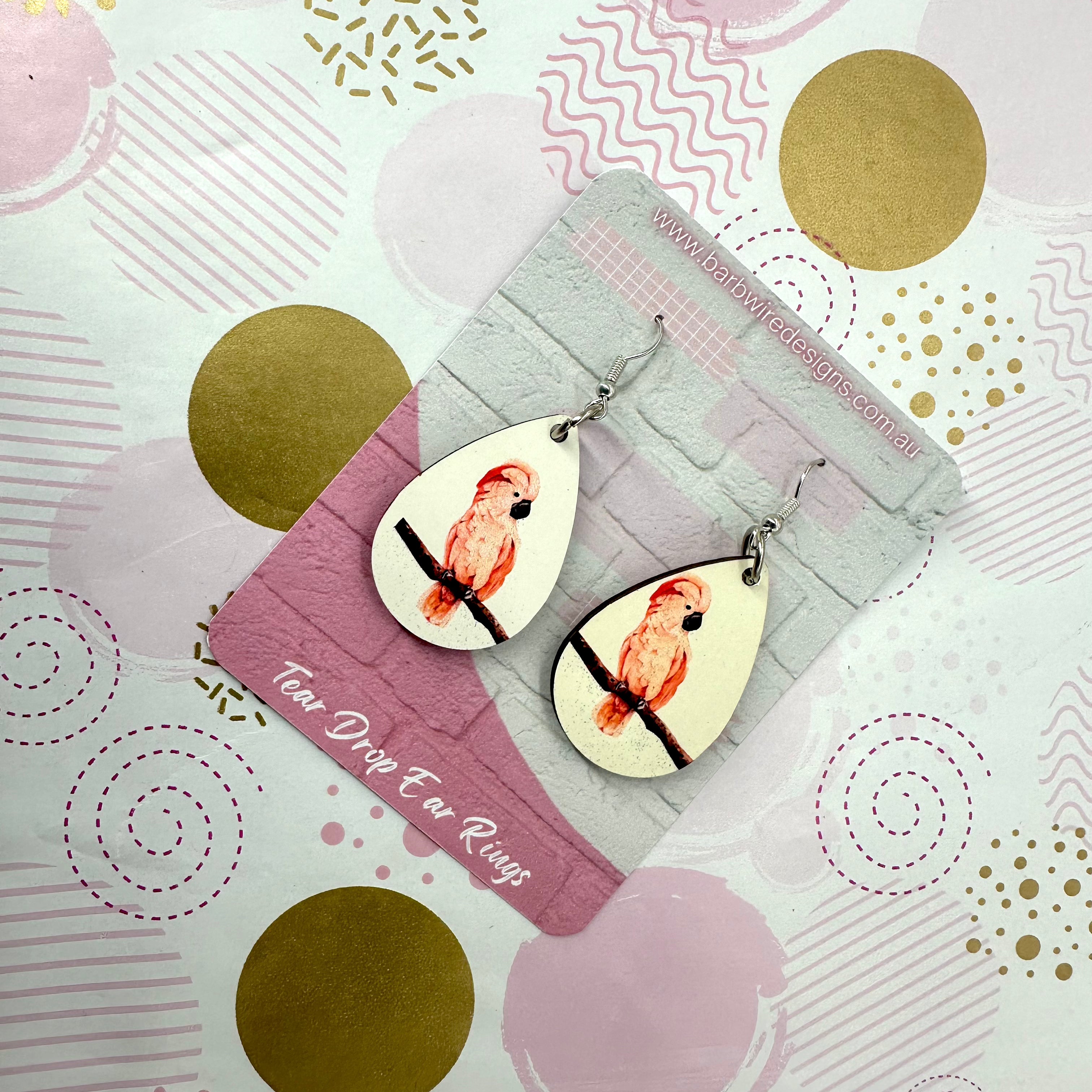 Pink Cockatoo Sublimation Ear Rings Barb Wire Designs