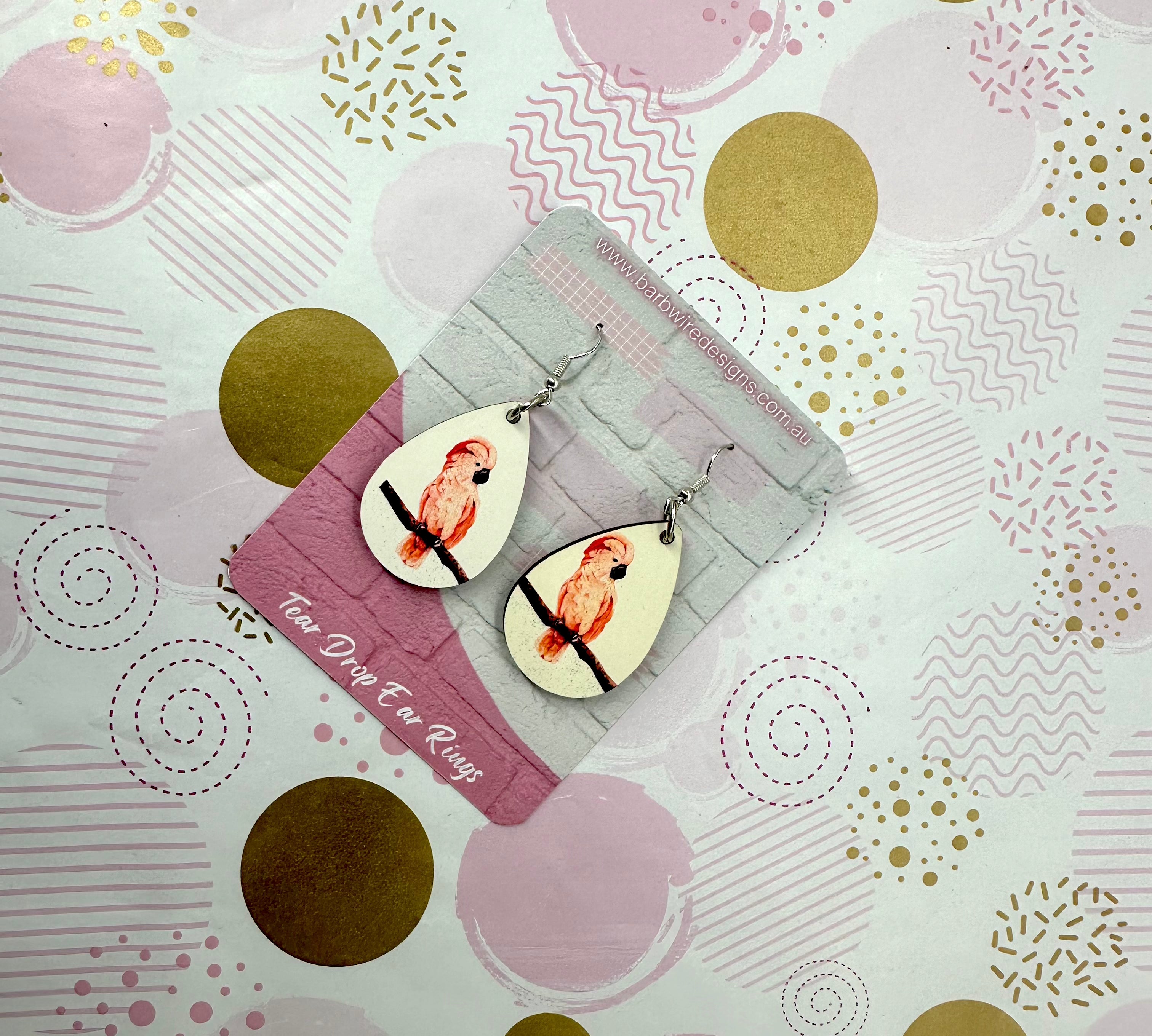 Pink Cockatoo Sublimation Ear Rings Barb Wire Designs