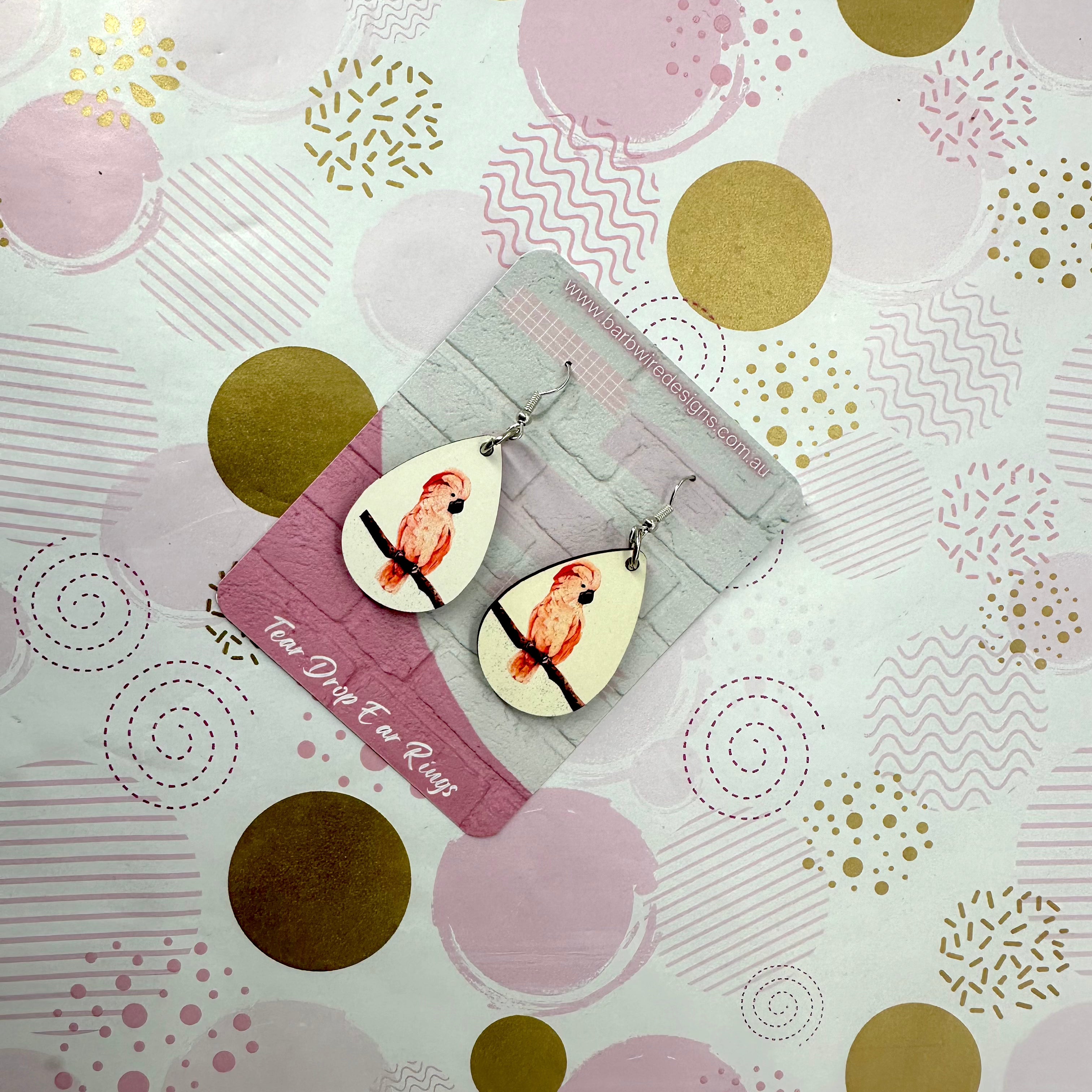 Pink Cockatoo Sublimation Ear Rings Barb Wire Designs