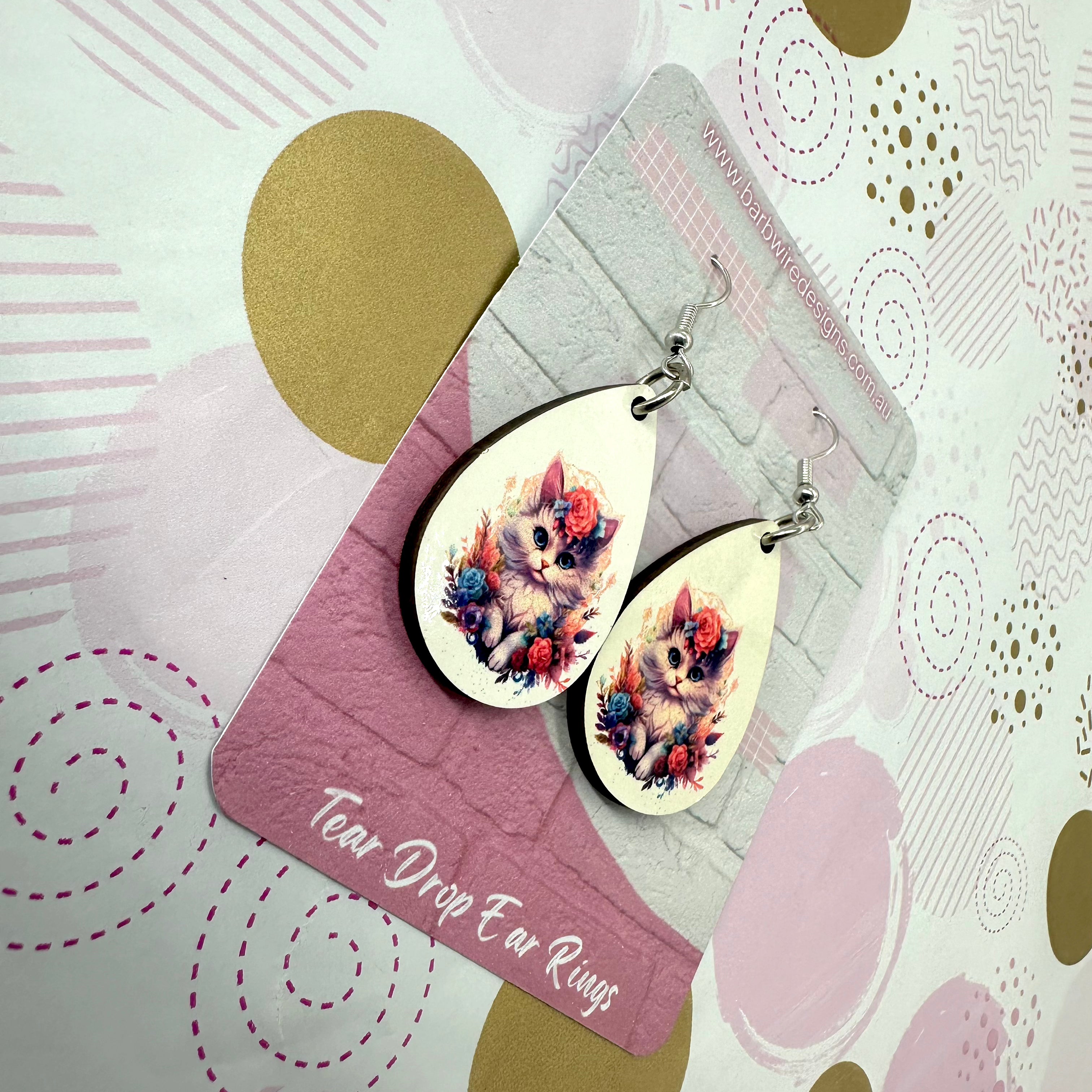 Floral Cat Sublimation Ear Rings Barb Wire Designs