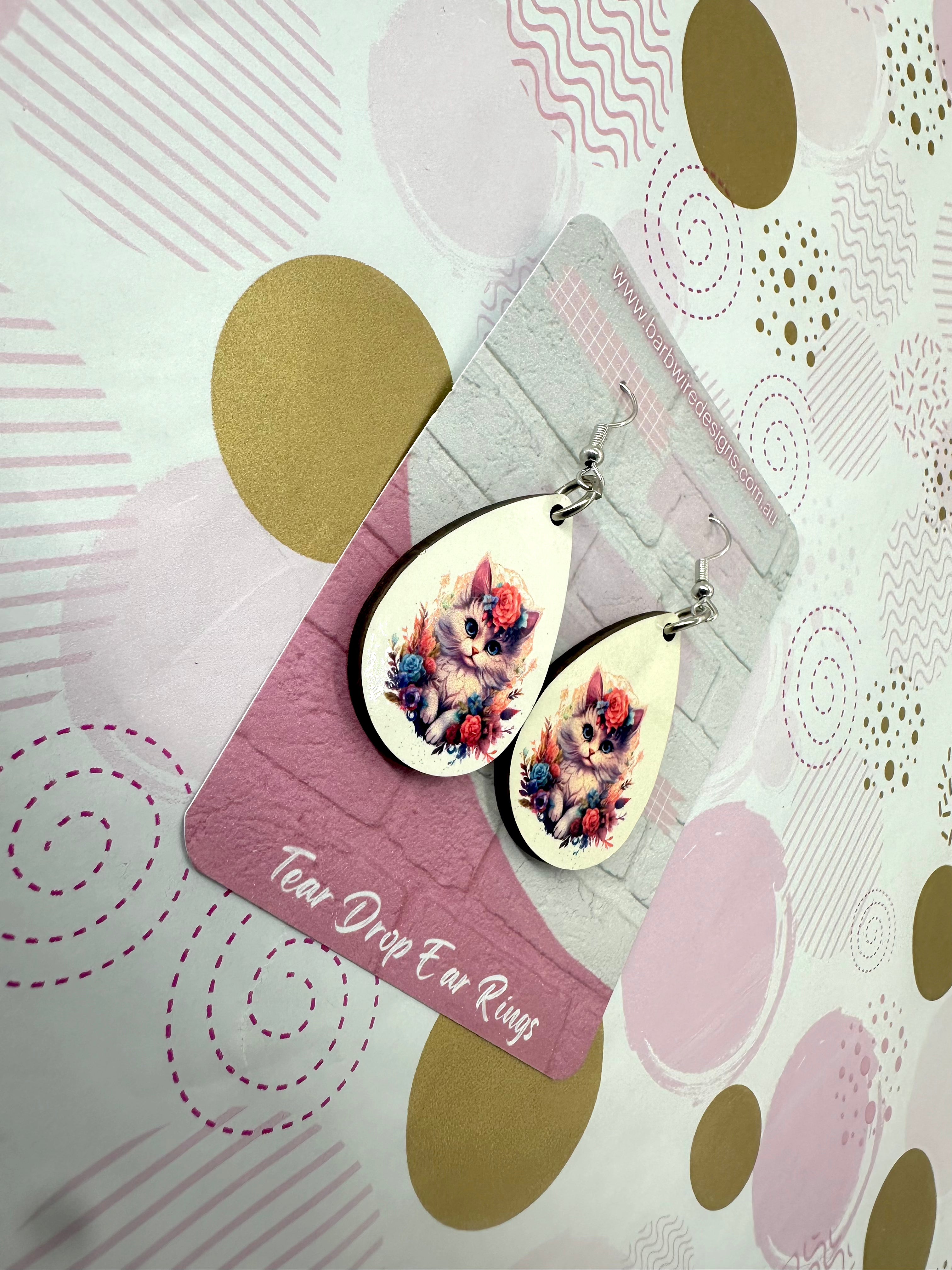 Floral Cat Sublimation Ear Rings