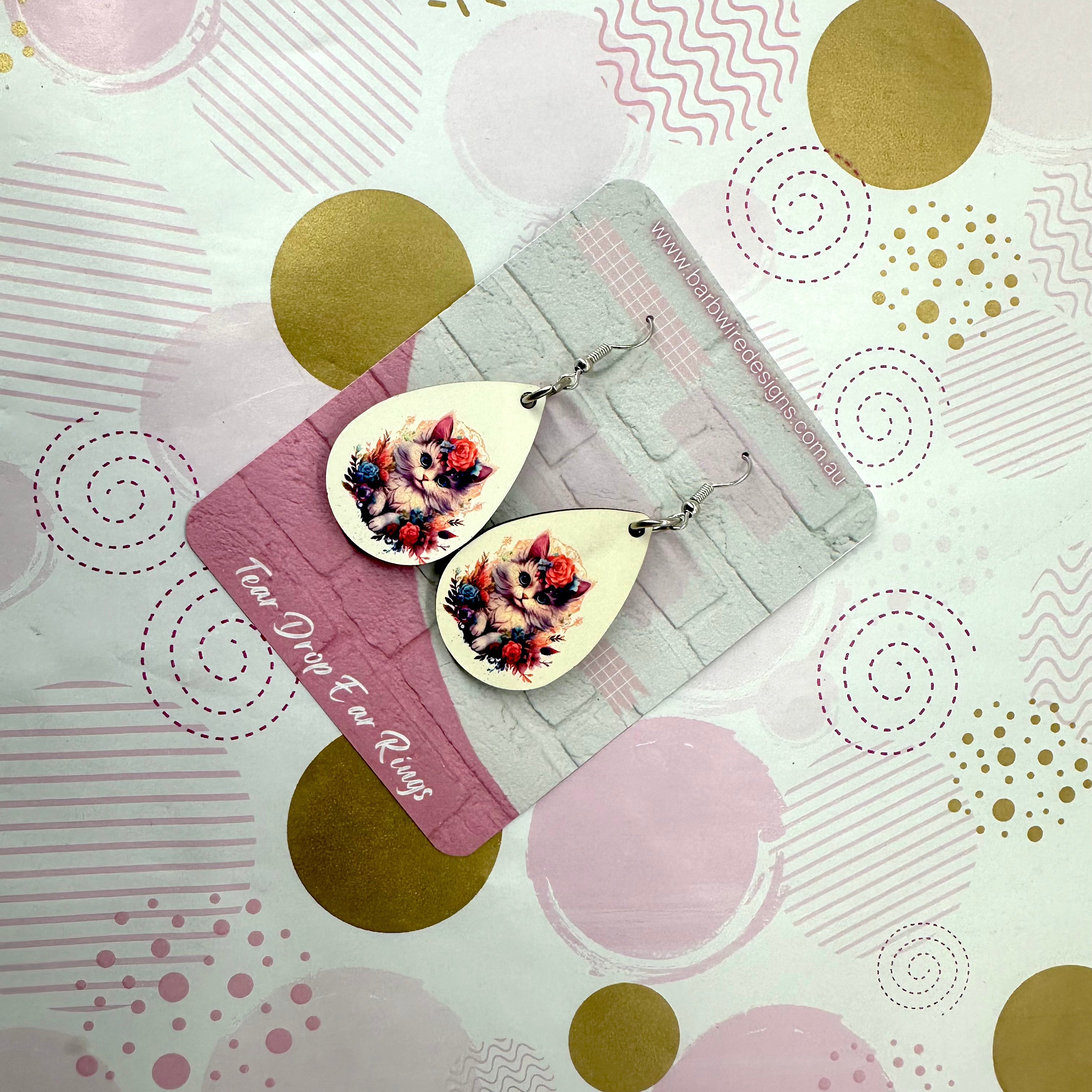 Floral Cat Sublimation Ear Rings Barb Wire Designs