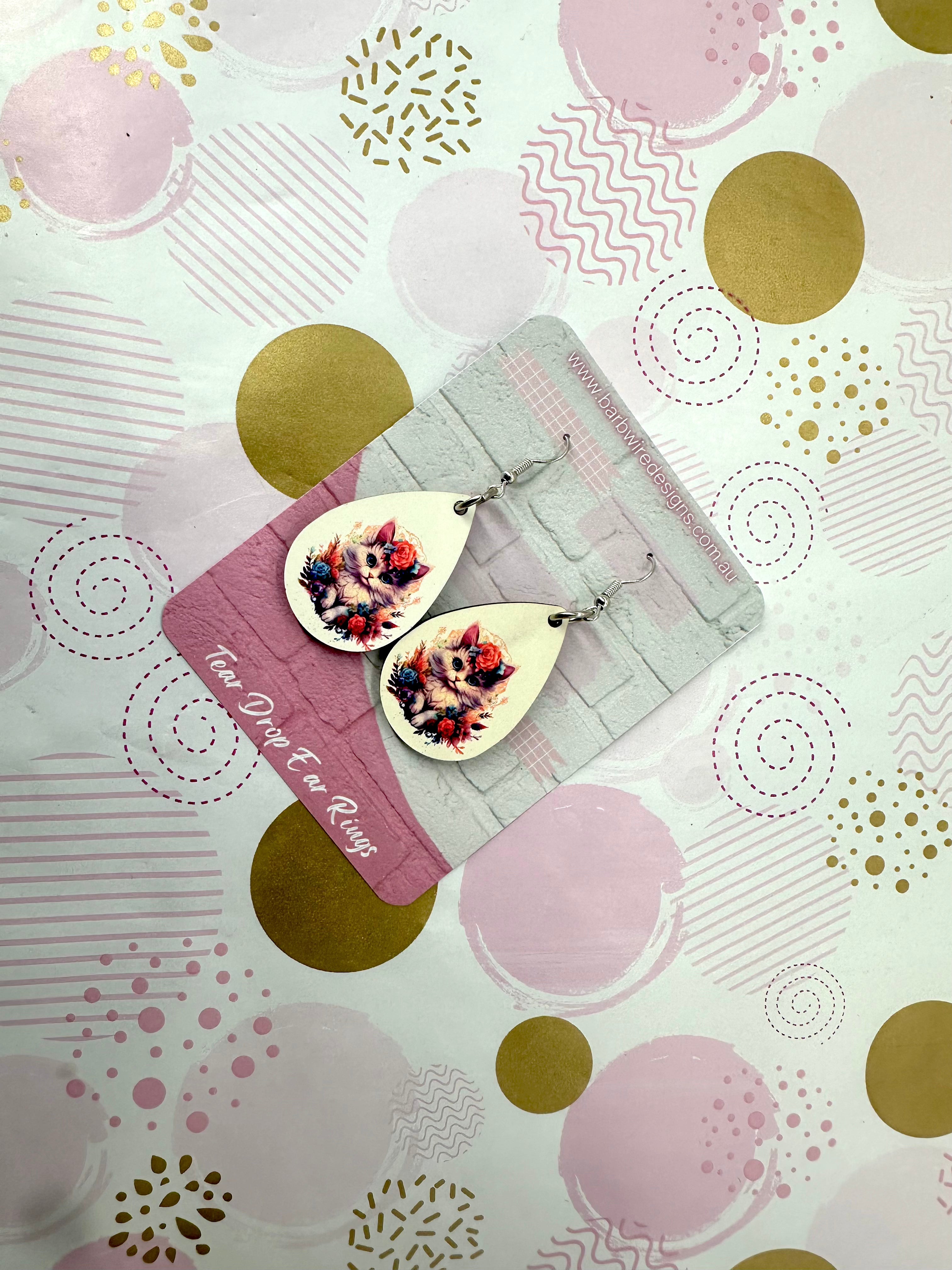 Floral Cat Sublimation Ear Rings