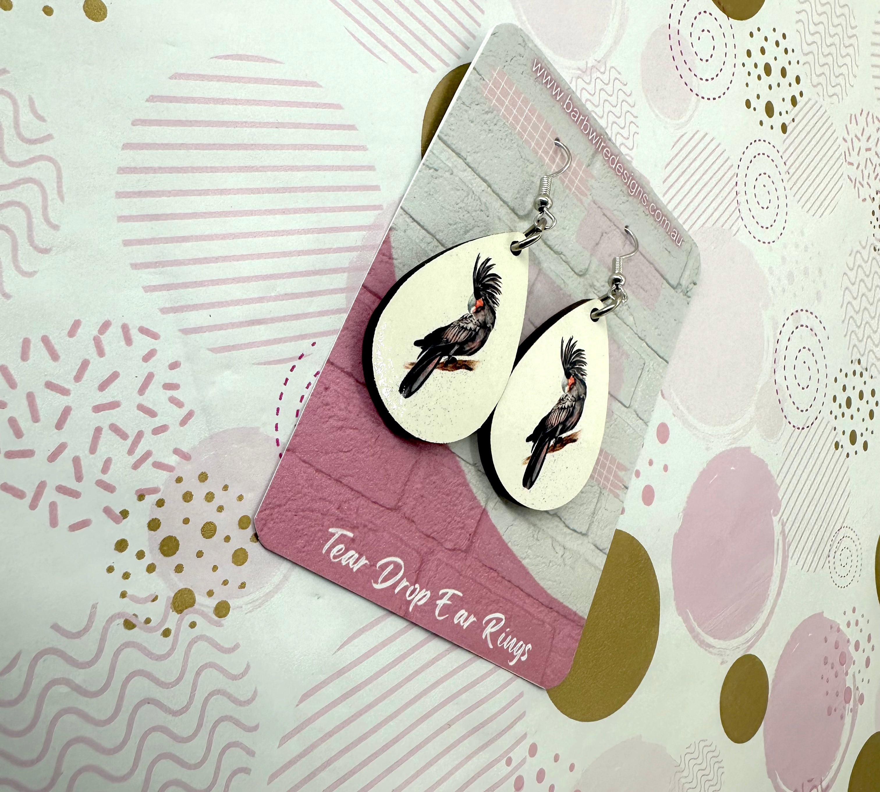 Black Red Tail Cockatoo Sublimation Ear Rings Barb Wire Designs