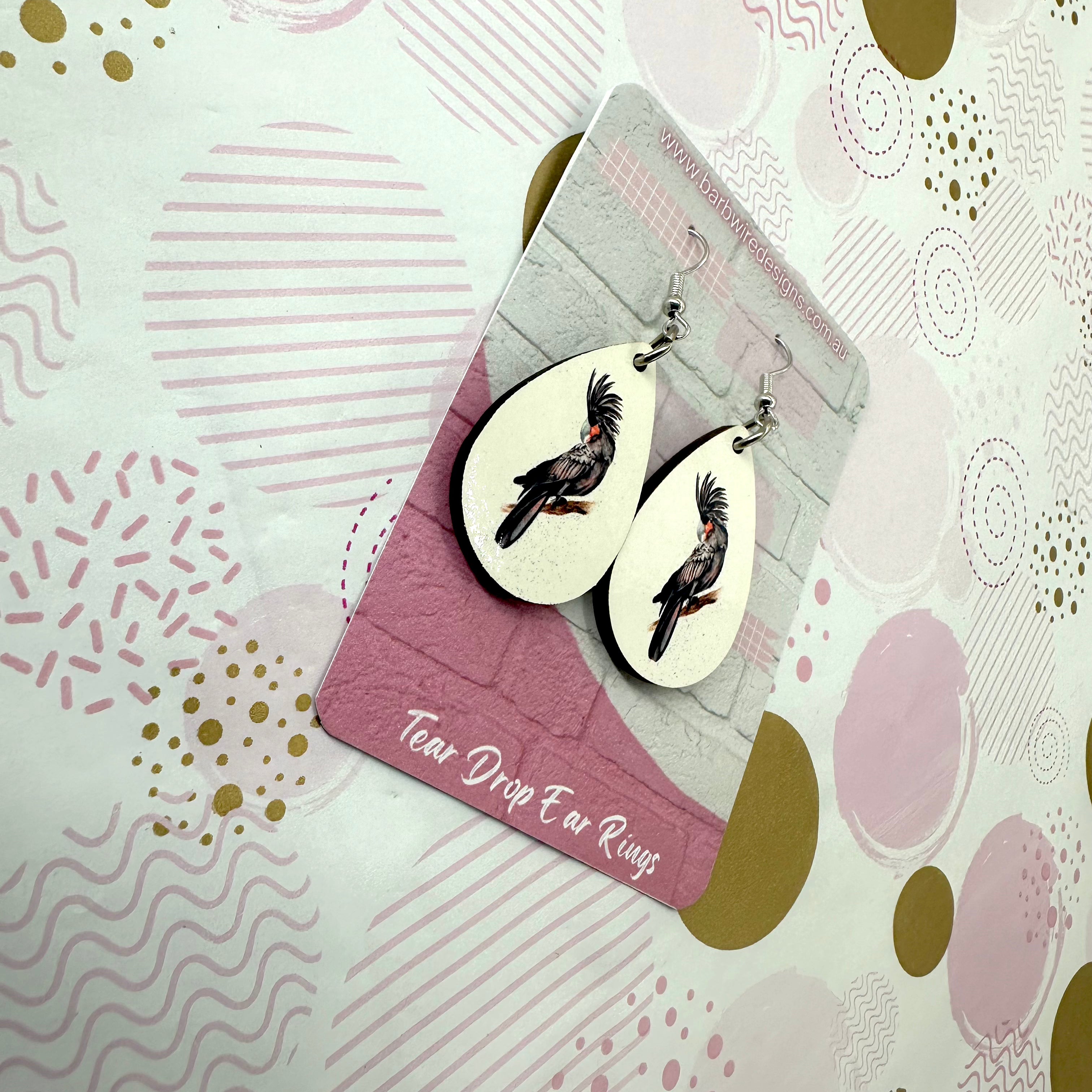 Black Red Tail Cockatoo Sublimation Ear Rings Barb Wire Designs