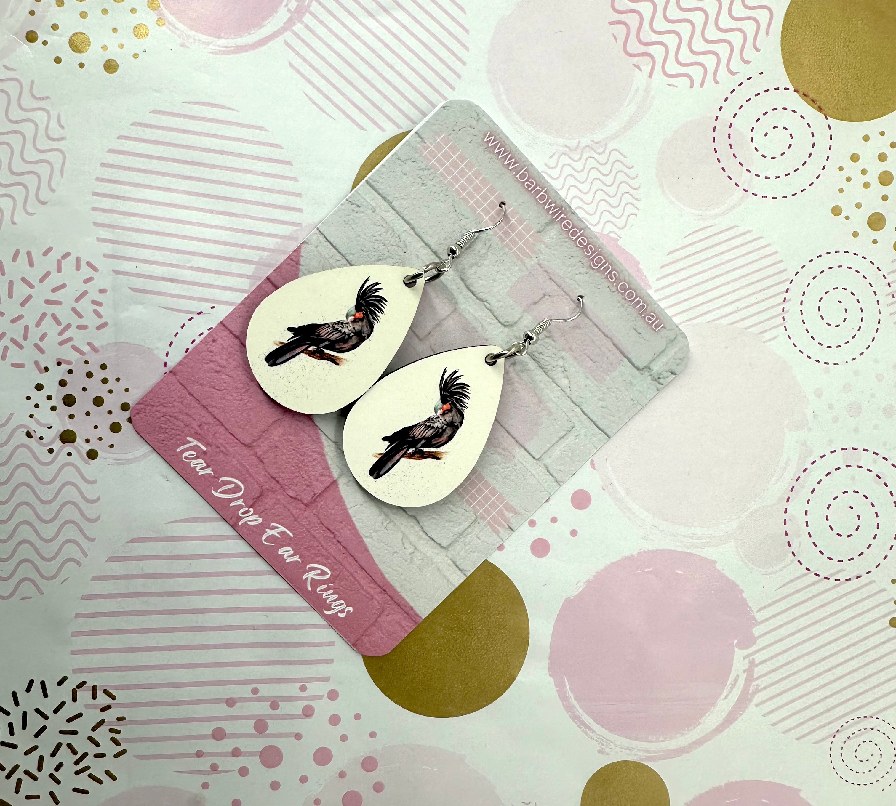 Black Red Tail Cockatoo Sublimation Ear Rings Barb Wire Designs