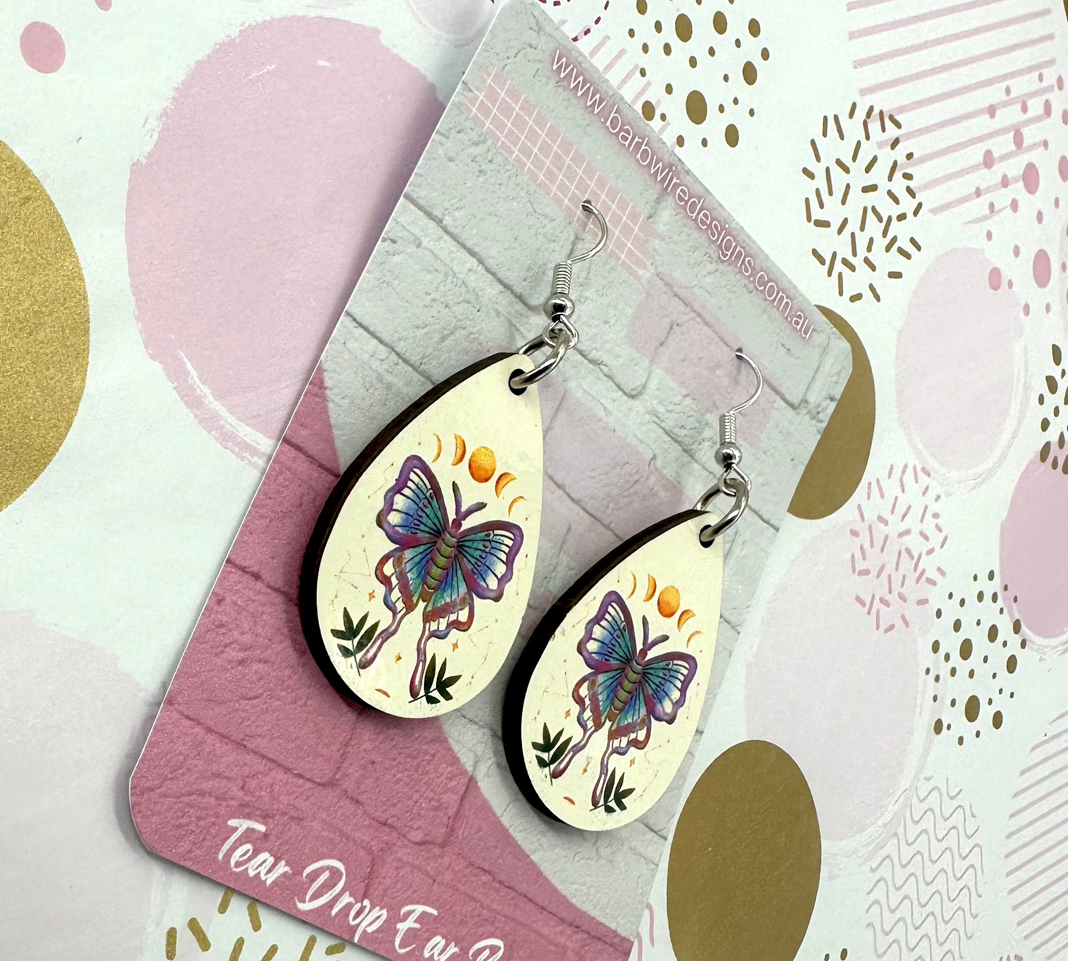 Luna Moth Sublimation Ear Rings Barb Wire Designs