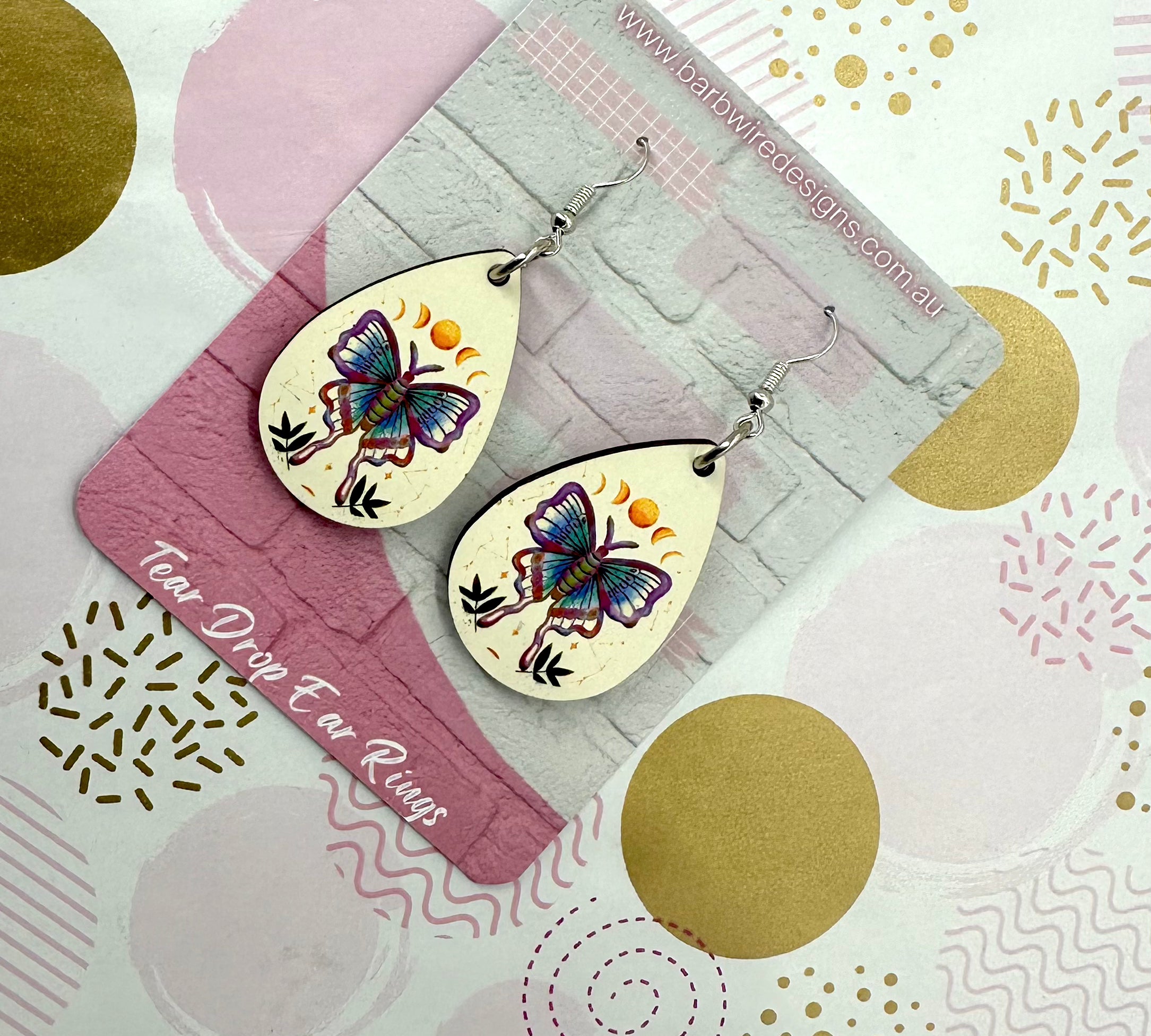 Luna Moth Sublimation Ear Rings Barb Wire Designs