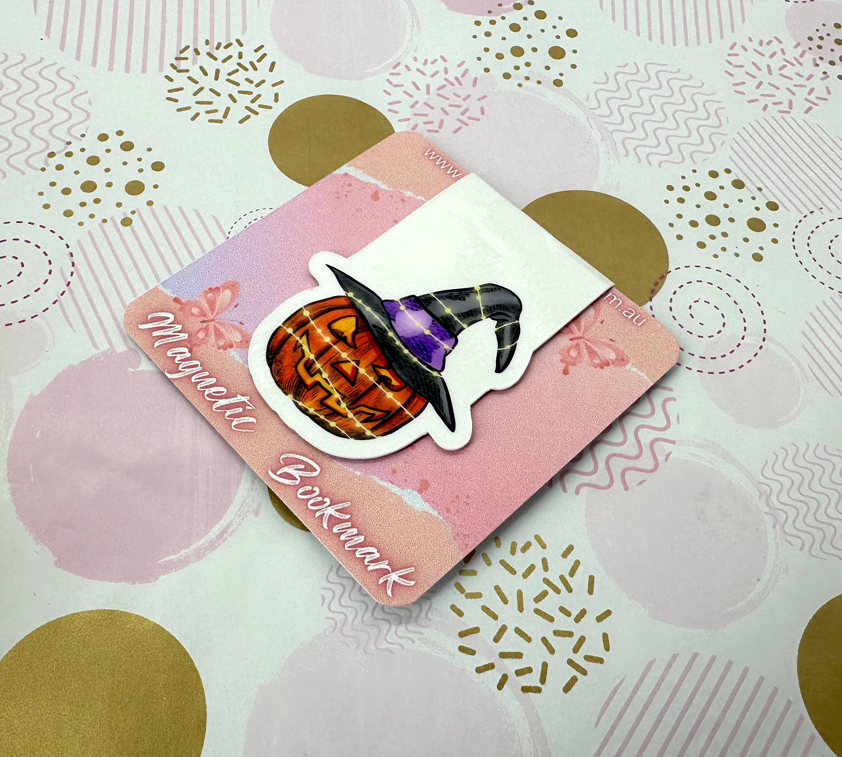 Halloween Pumpkin in Witches Hat Magnetic Bookmark Barb Wire Designs