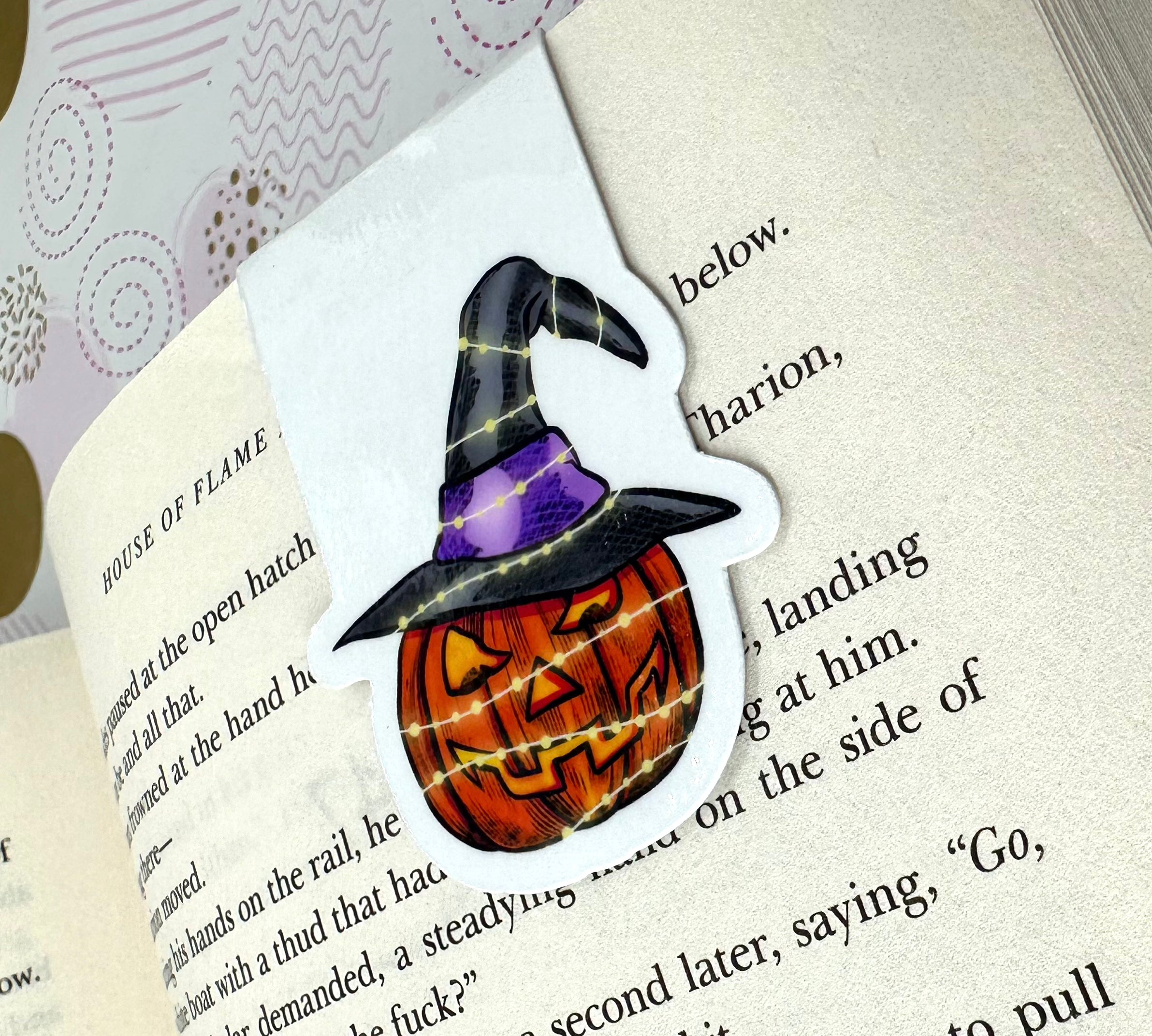 Halloween Pumpkin in Witches Hat Magnetic Bookmark Barb Wire Designs